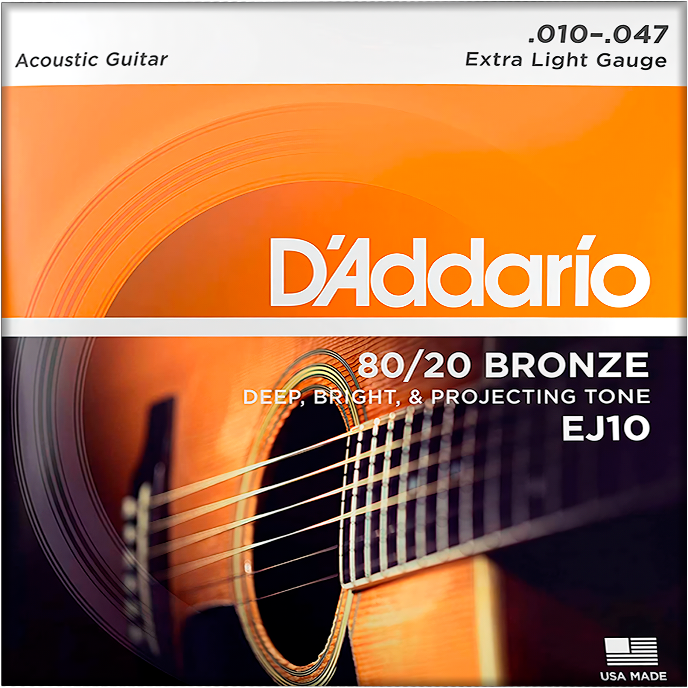 Cuerdas Daddario EJ10 para Guitarra acústica con calibre extra ligero y entorchado en bronce, tono brillante. Juego de Cuerdas Daddario EJ10 para Guitarra con empaque anticorrosión y sello de garantía original.