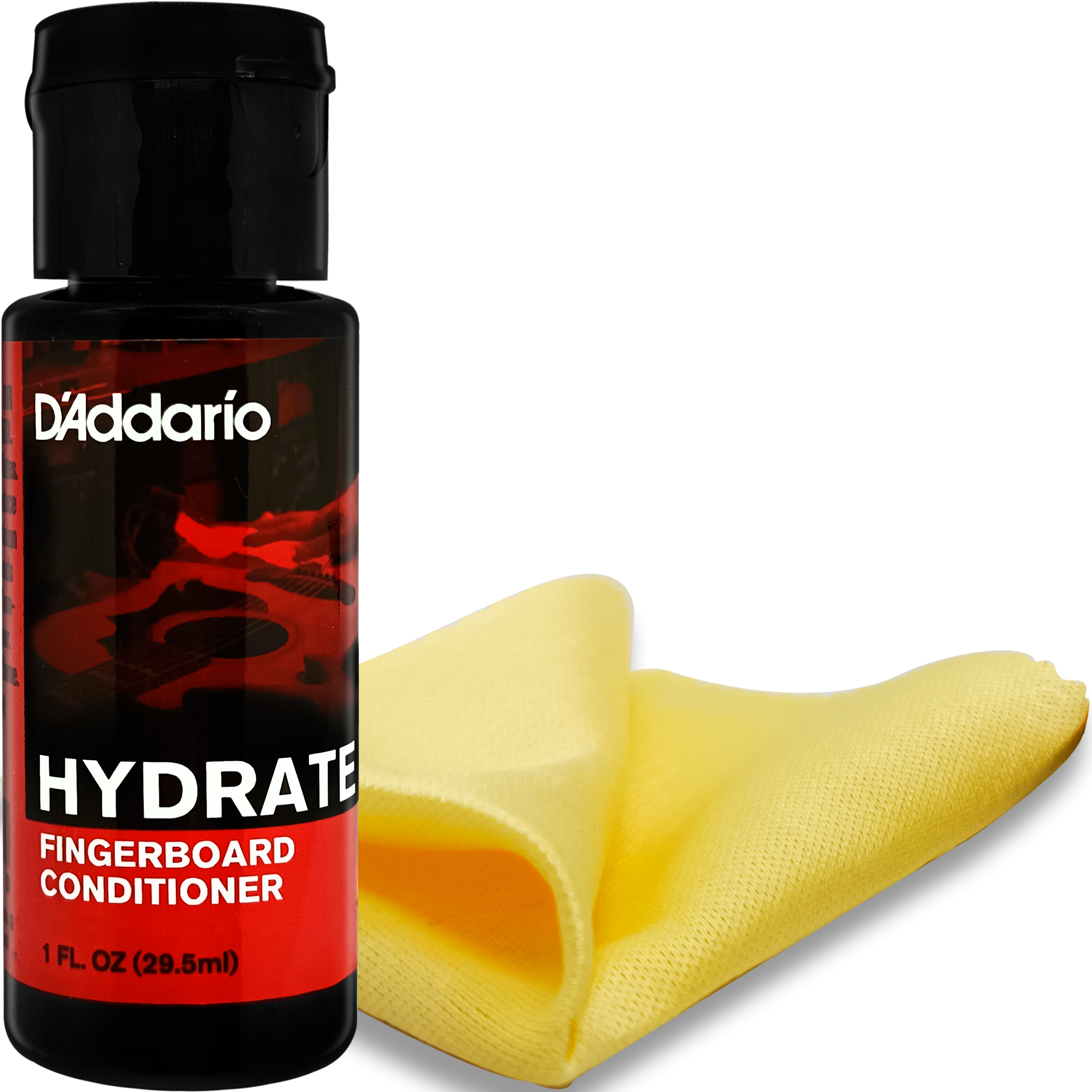 Kit D’Addario PW‑FBCS Planets Waves con botella de aceite limpiador de 60 ml y paño de microfibra, fórmula sin acumulación para limpiar y acondicionar diapasones de madera oscura.