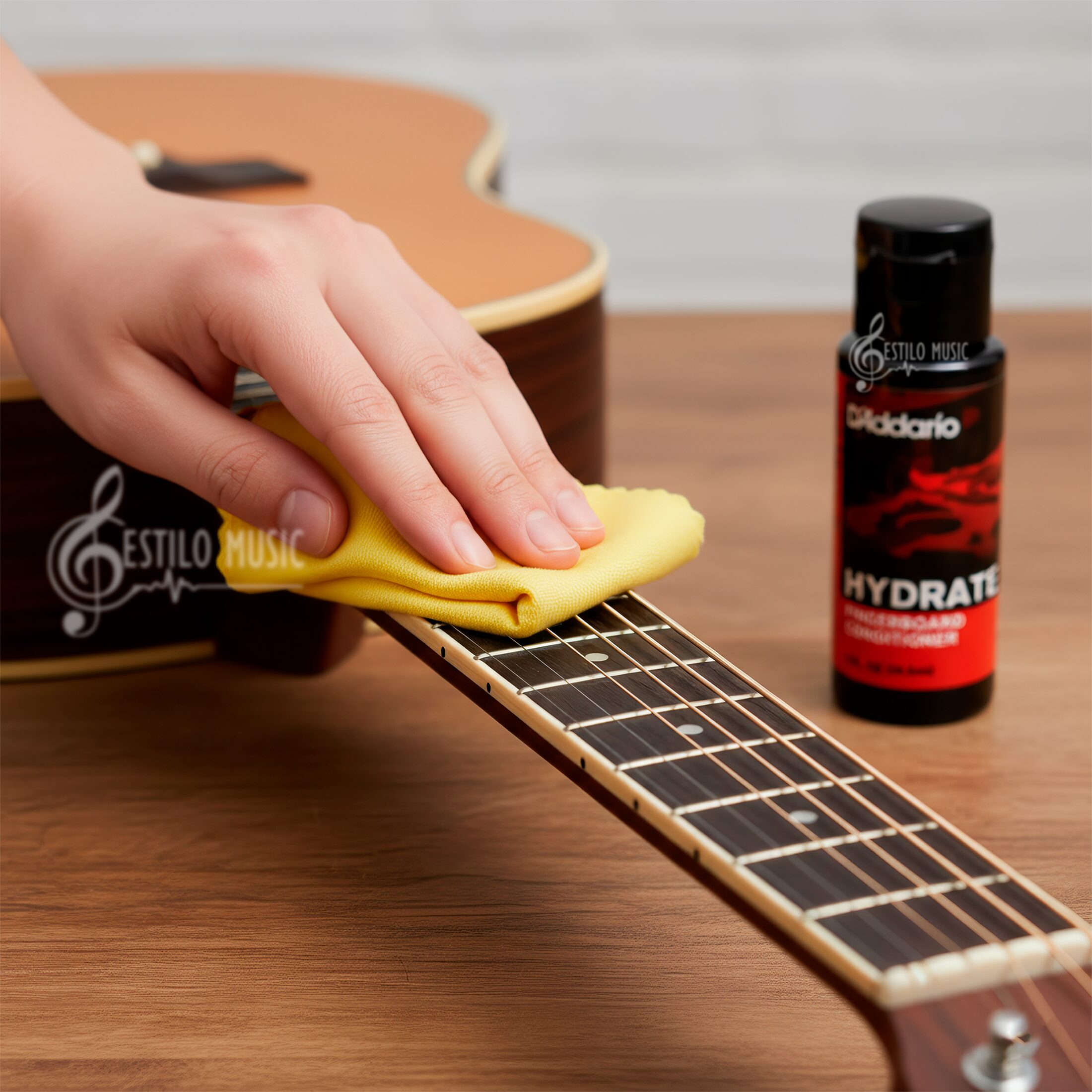 Kit D’Addario PW‑FBCS Planets Waves con botella de aceite limpiador de 60 ml y paño de microfibra, fórmula sin acumulación para limpiar y acondicionar diapasones de madera oscura.