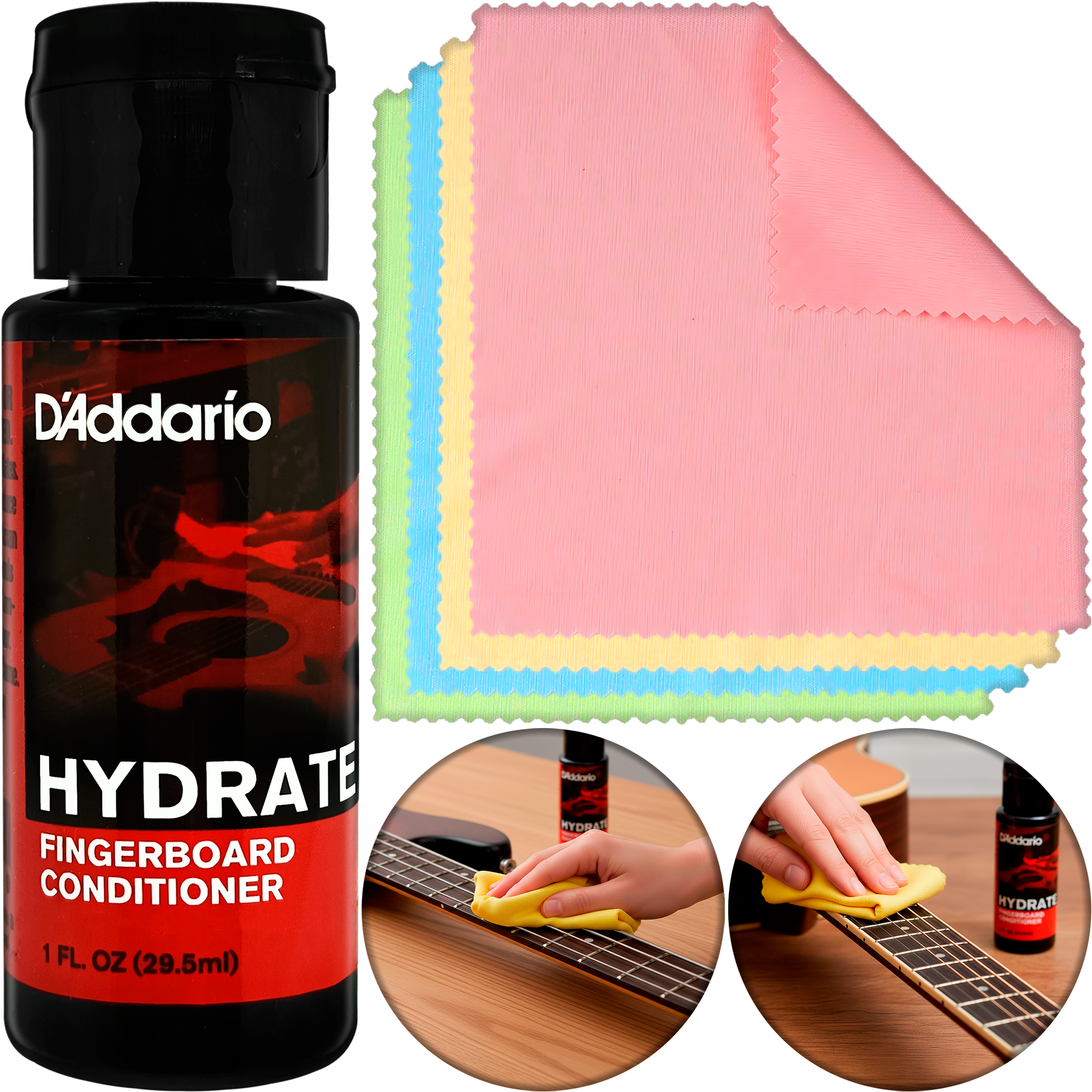 Kit D’Addario PW‑FBCS Planets Waves con botella de aceite limpiador de 60 ml y paño de microfibra, fórmula sin acumulación para limpiar y acondicionar diapasones de madera oscura.