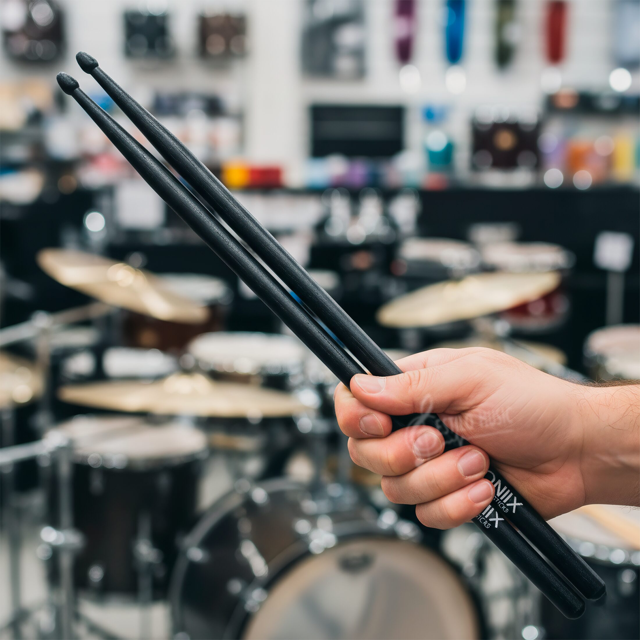 Baqueta Oniix Vic Firth utilizada sobre caja o platillo de batería, demostrando agarre firme, punta de lágrima afinada y resistencia de nogal americano para estilos de rock.