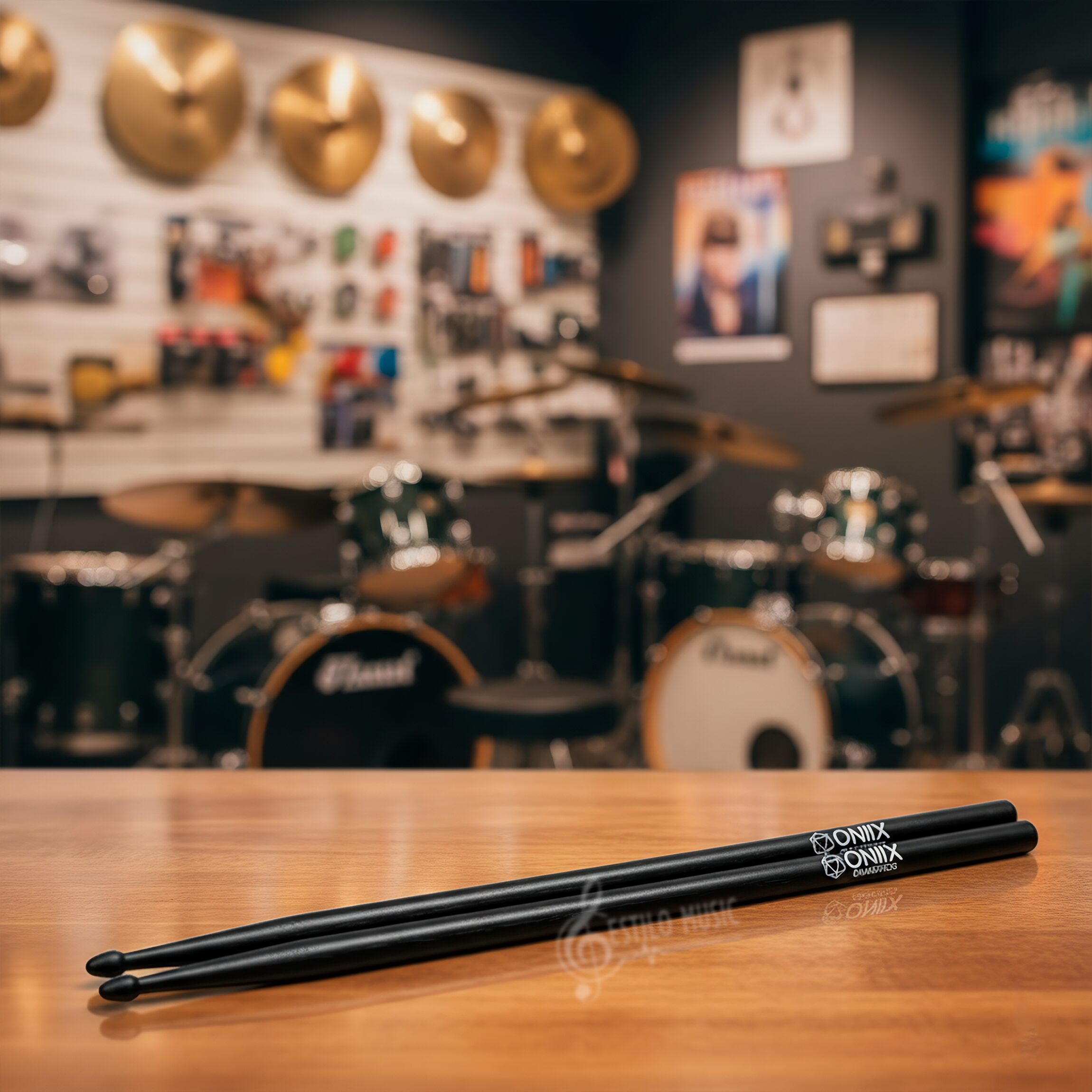 Baqueta Oniix Vic Firth utilizada sobre caja o platillo de batería, demostrando agarre firme, punta de lágrima afinada y resistencia de nogal americano para estilos de rock.