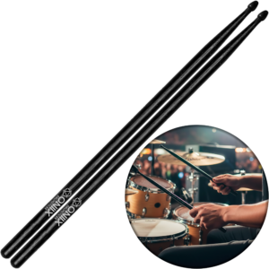 Baqueta Oniix Vic Firth utilizada sobre caja o platillo de batería, demostrando agarre firme, punta de lágrima afinada y resistencia de nogal americano para estilos de rock.