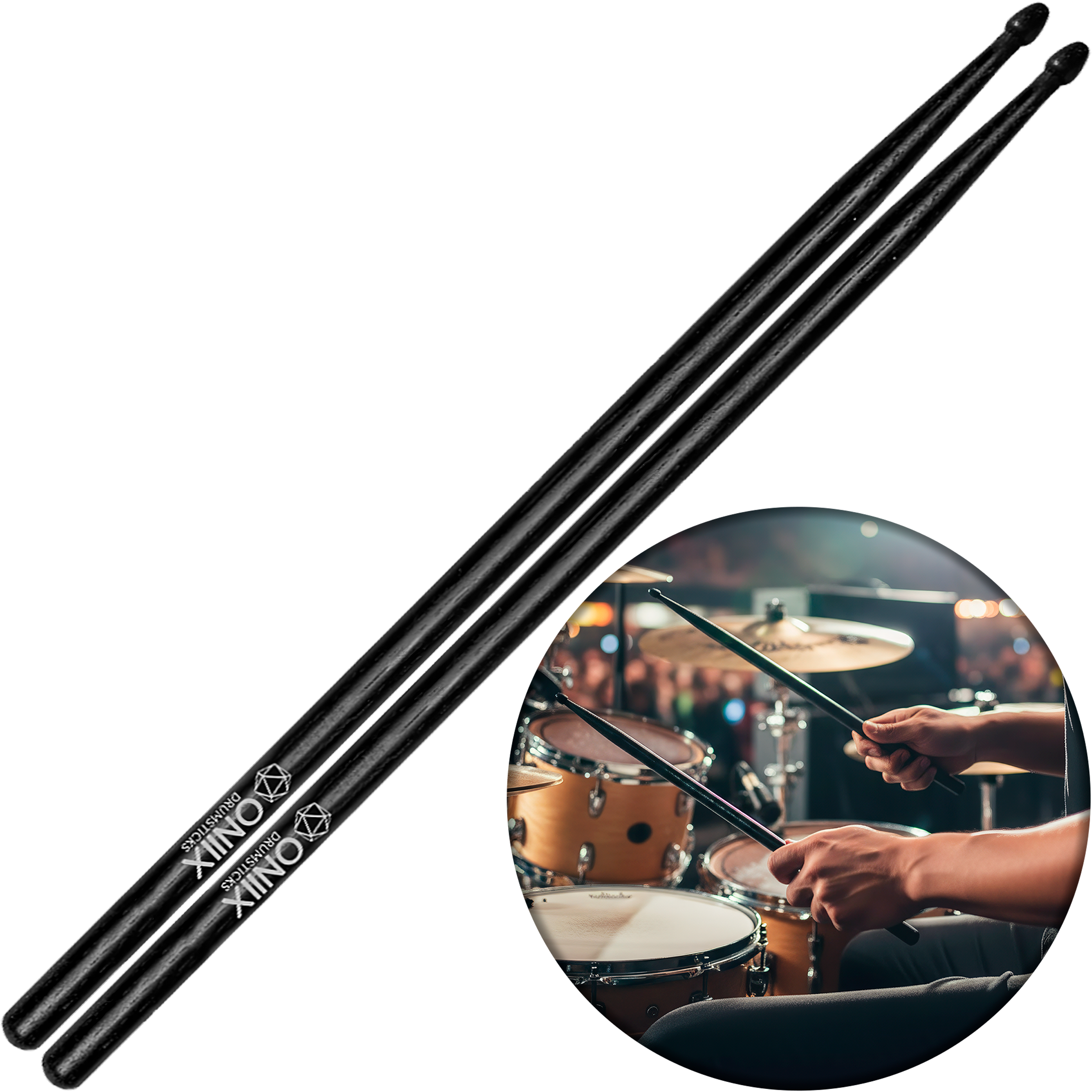 Baqueta Oniix Vic Firth utilizada sobre caja o platillo de batería, demostrando agarre firme, punta de lágrima afinada y resistencia de nogal americano para estilos de rock.