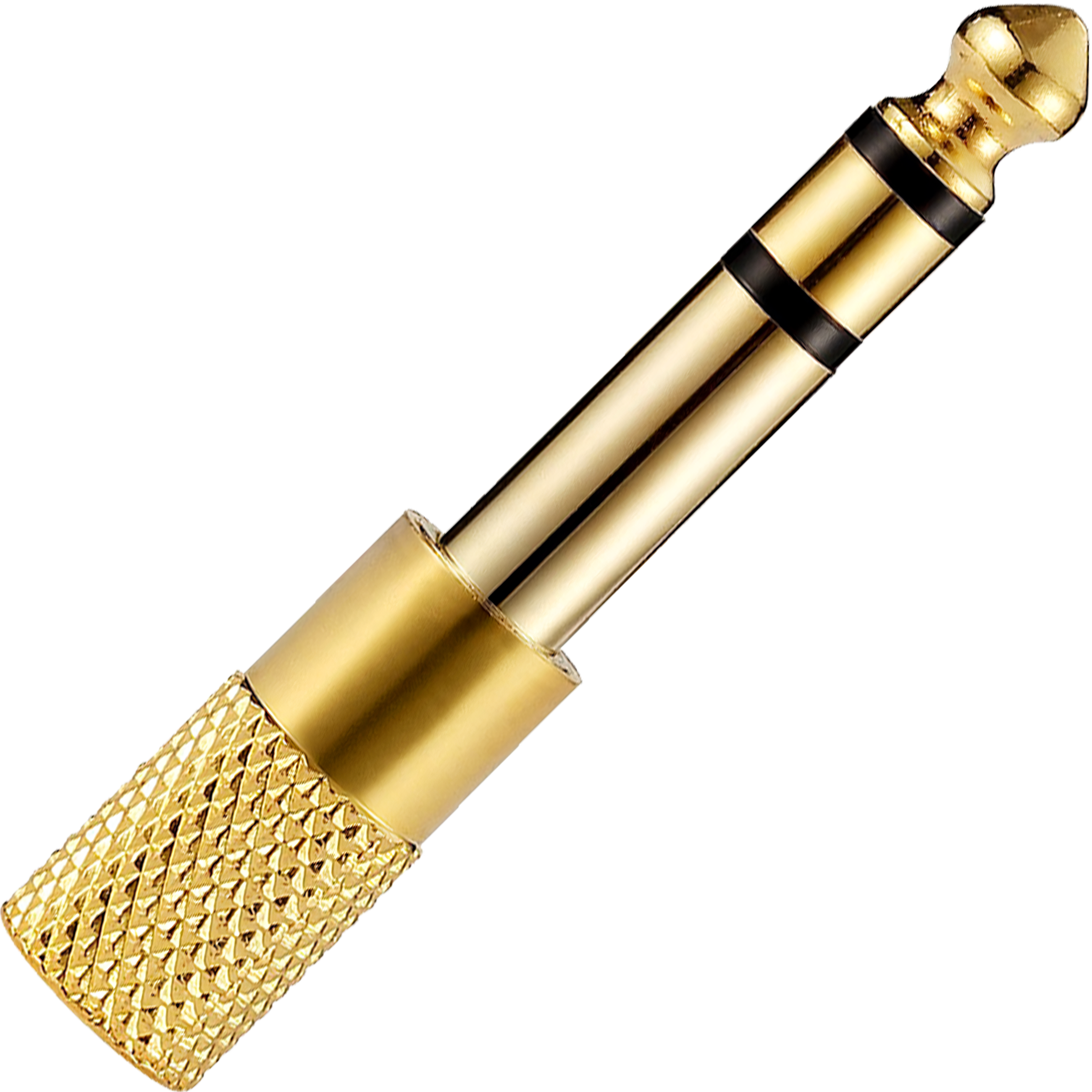 Adaptador de audio estéreo 6.5 mm macho a 3.5 mm hembra tipo plug auxiliar, carcasa metálica con aislante negro, ideal para conectar audífonos o cables auxiliares en amplificadores y equipos de sonido AA36