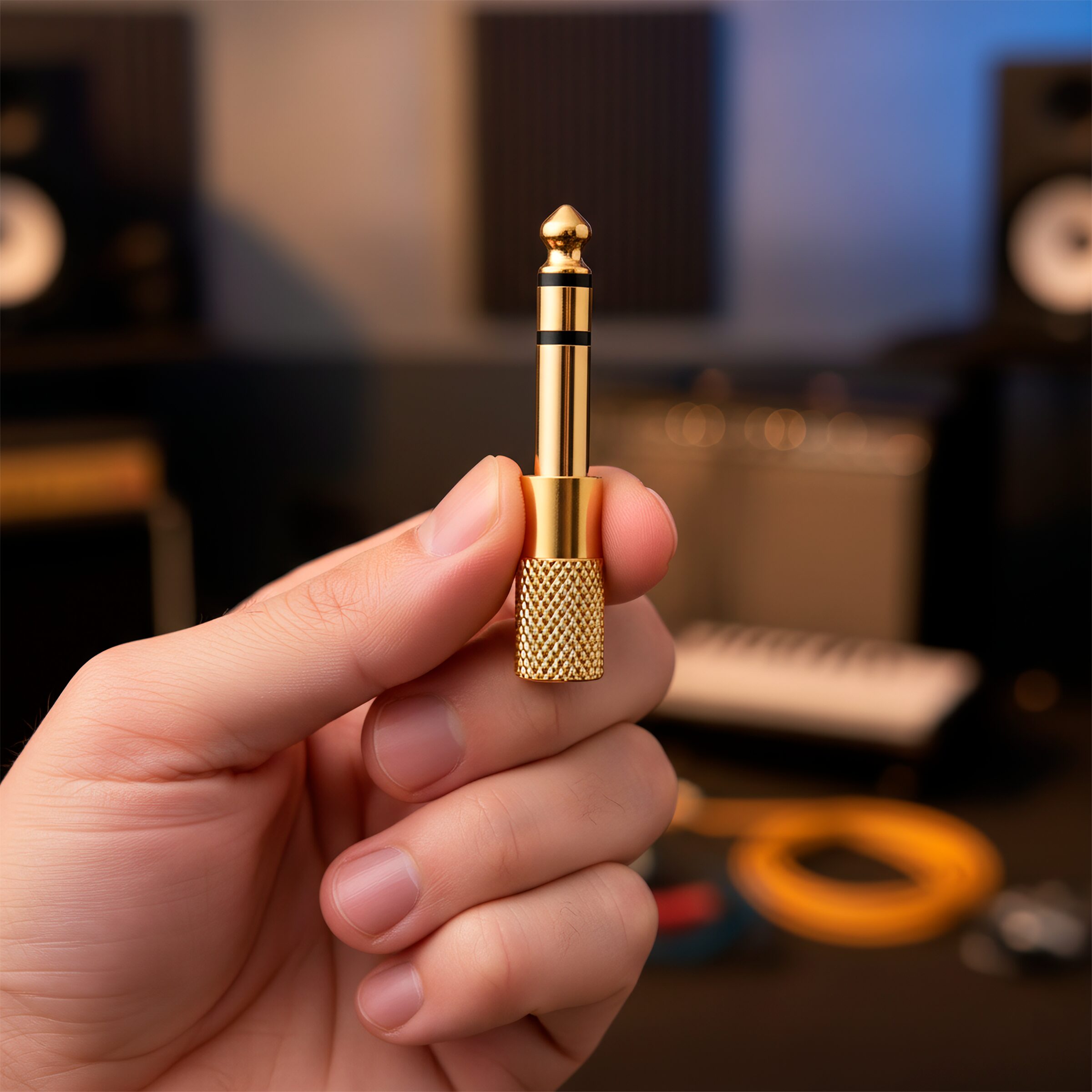 Adaptador de audio estéreo 6.5 mm macho a 3.5 mm hembra tipo plug auxiliar, carcasa metálica con aislante negro, ideal para conectar audífonos o cables auxiliares en amplificadores y equipos de sonido AA36