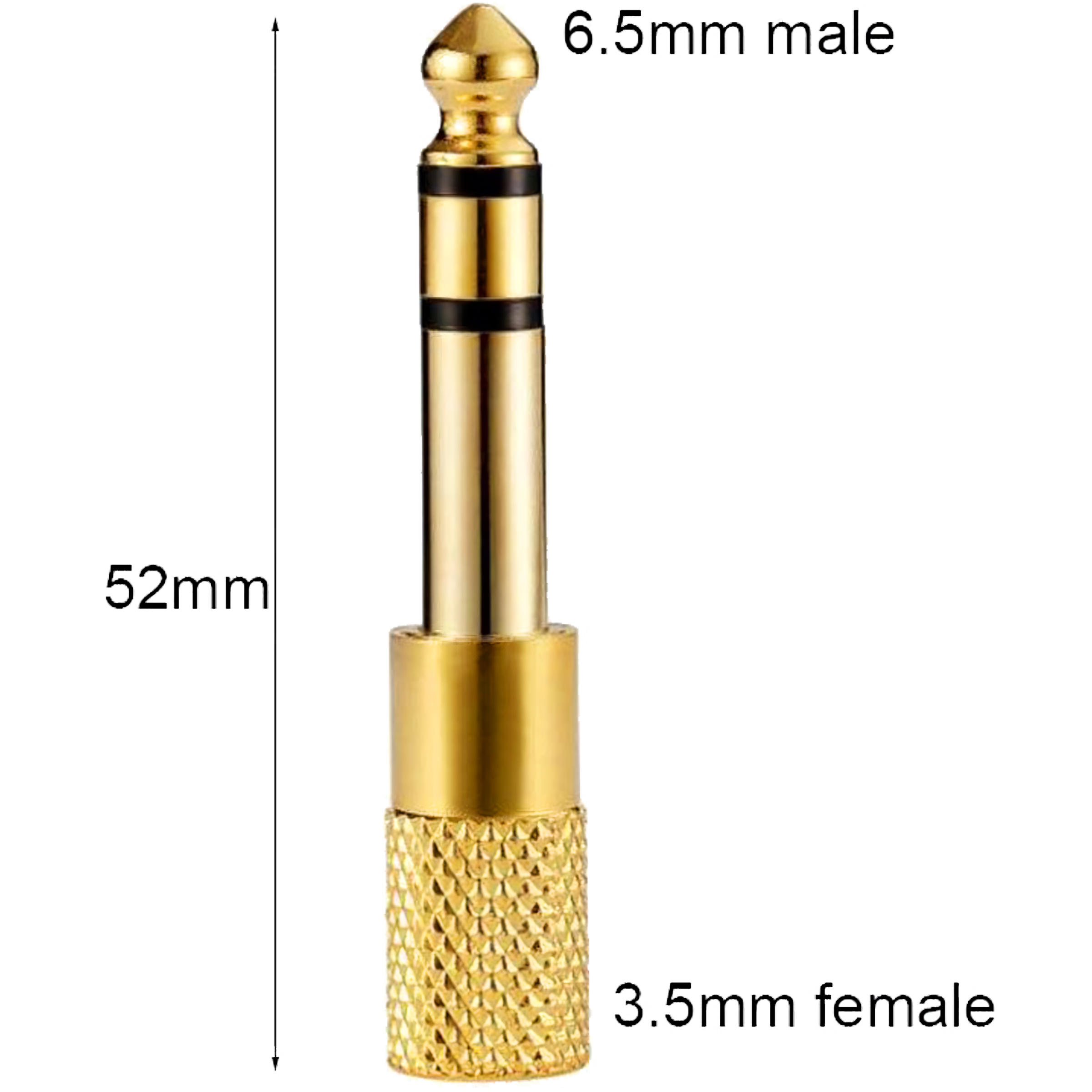 Adaptador de audio estéreo 6.5 mm macho a 3.5 mm hembra tipo plug auxiliar, carcasa metálica con aislante negro, ideal para conectar audífonos o cables auxiliares en amplificadores y equipos de sonido AA36