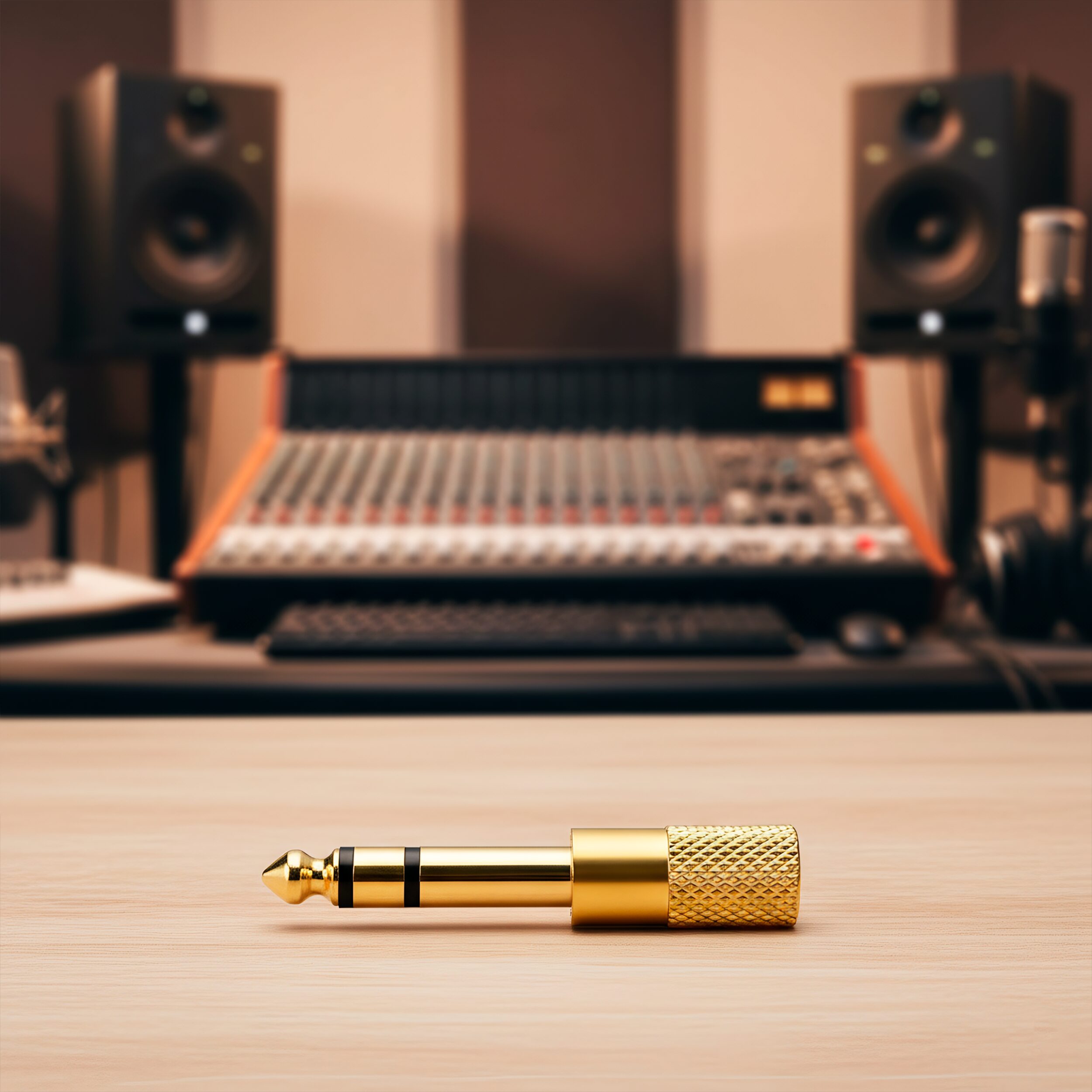 Adaptador de audio estéreo 6.5 mm macho a 3.5 mm hembra tipo plug auxiliar, carcasa metálica con aislante negro, ideal para conectar audífonos o cables auxiliares en amplificadores y equipos de sonido AA36