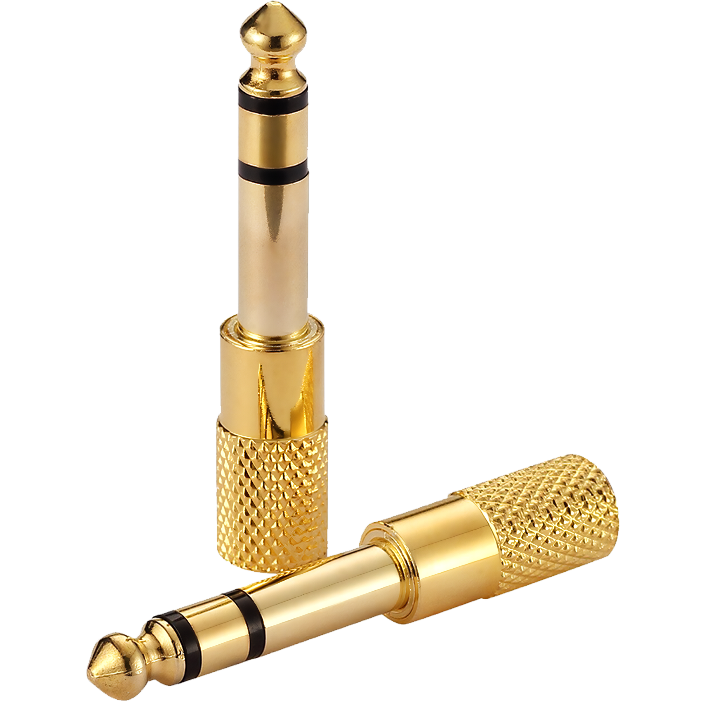 Adaptador de audio estéreo 6.5 mm macho a 3.5 mm hembra tipo plug auxiliar, carcasa metálica con aislante negro, ideal para conectar audífonos o cables auxiliares en amplificadores y equipos de sonido AA36