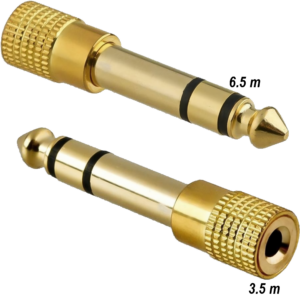 Adaptador de audio estéreo 6.5 mm macho a 3.5 mm hembra tipo plug auxiliar, carcasa metálica con aislante negro, ideal para conectar audífonos o cables auxiliares en amplificadores y equipos de sonido AA36
