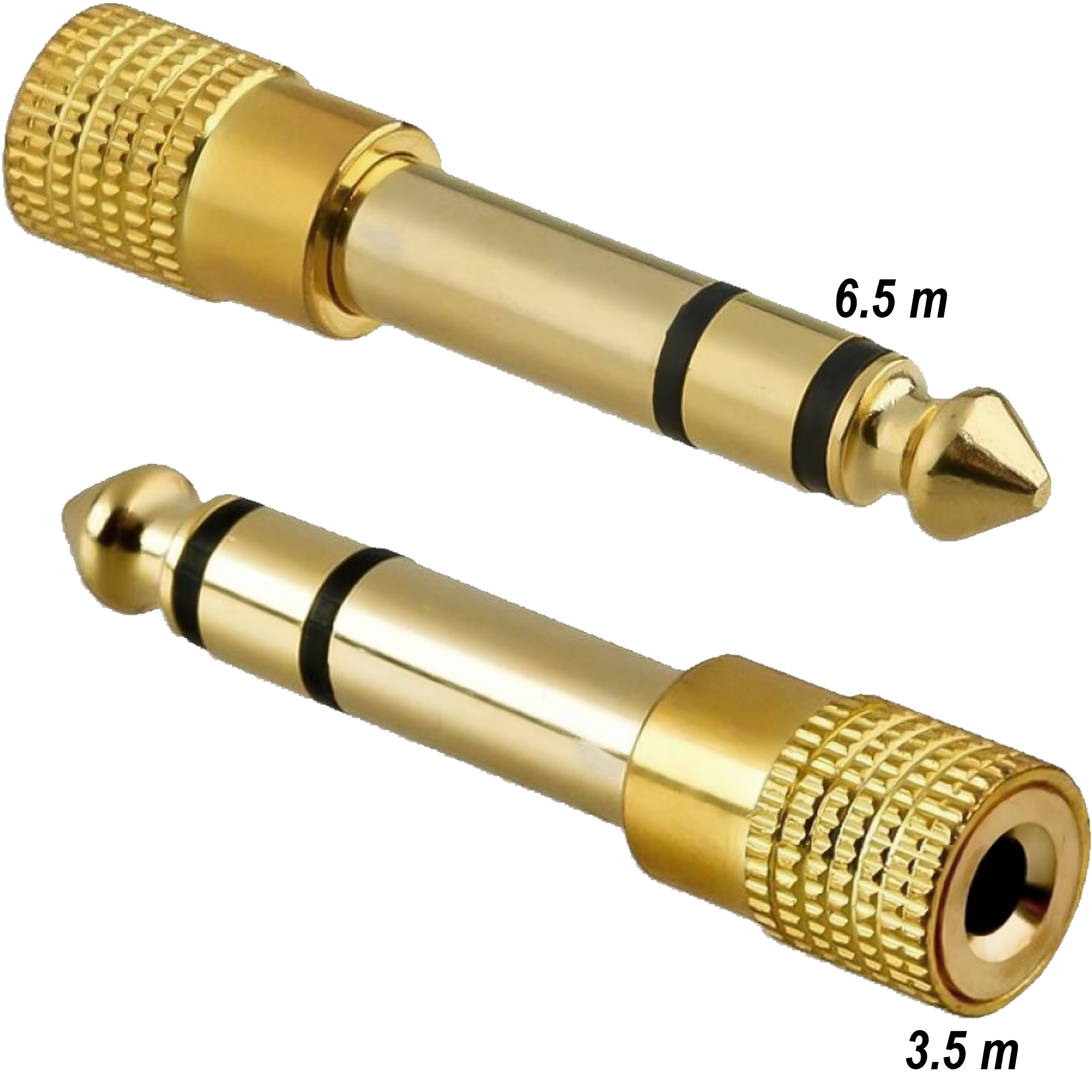 Adaptador de audio estéreo 6.5 mm macho a 3.5 mm hembra tipo plug auxiliar, carcasa metálica con aislante negro, ideal para conectar audífonos o cables auxiliares en amplificadores y equipos de sonido AA36