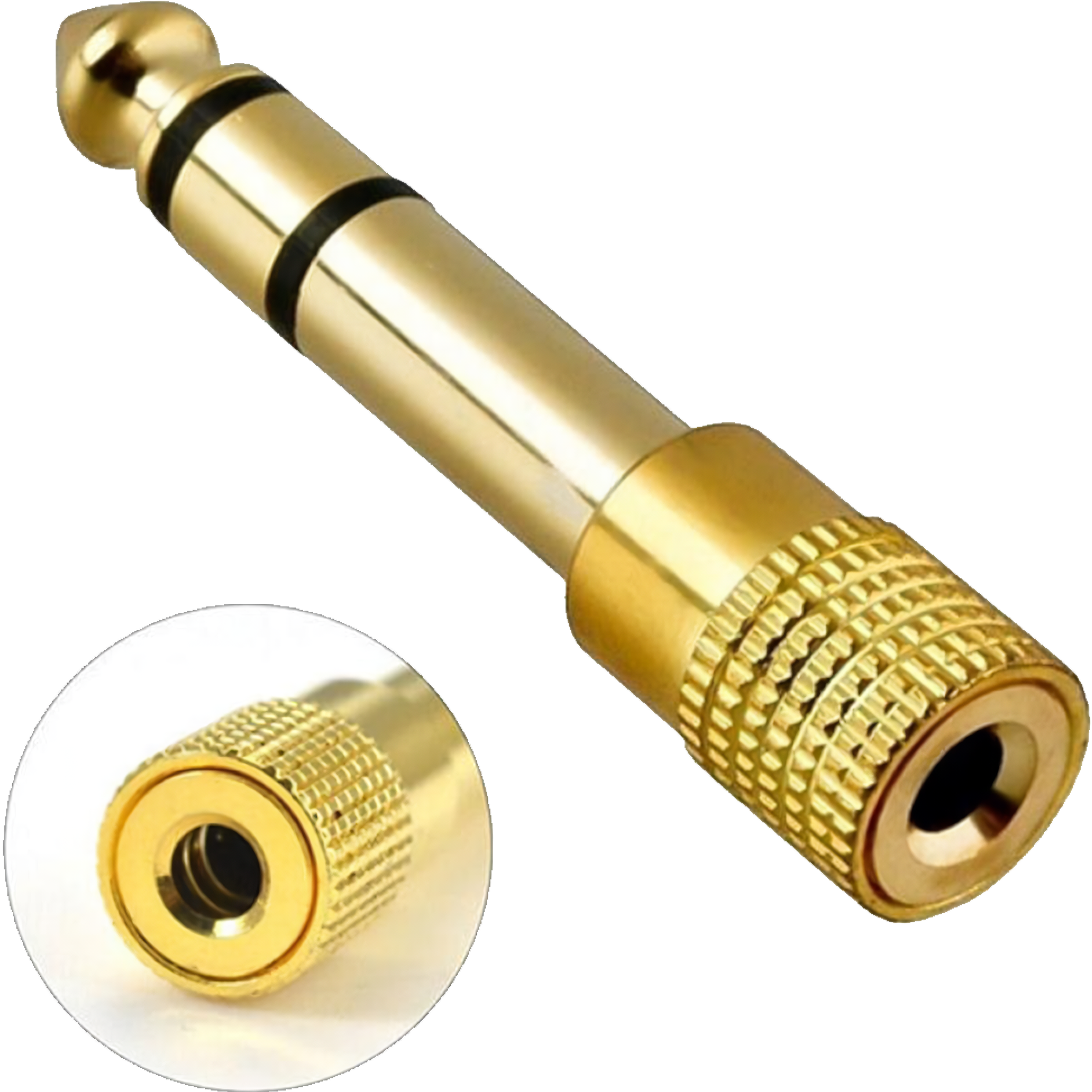 Adaptador de audio estéreo 6.5 mm macho a 3.5 mm hembra tipo plug auxiliar, carcasa metálica con aislante negro, ideal para conectar audífonos o cables auxiliares en amplificadores y equipos de sonido AA36