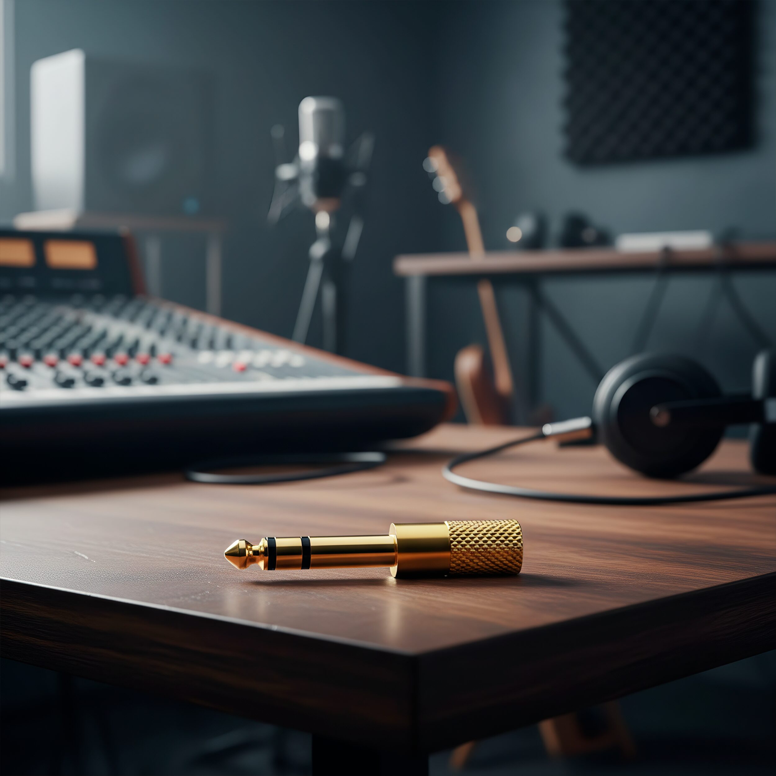 Adaptador de audio estéreo 6.5 mm macho a 3.5 mm hembra tipo plug auxiliar, carcasa metálica con aislante negro, ideal para conectar audífonos o cables auxiliares en amplificadores y equipos de sonido AA36