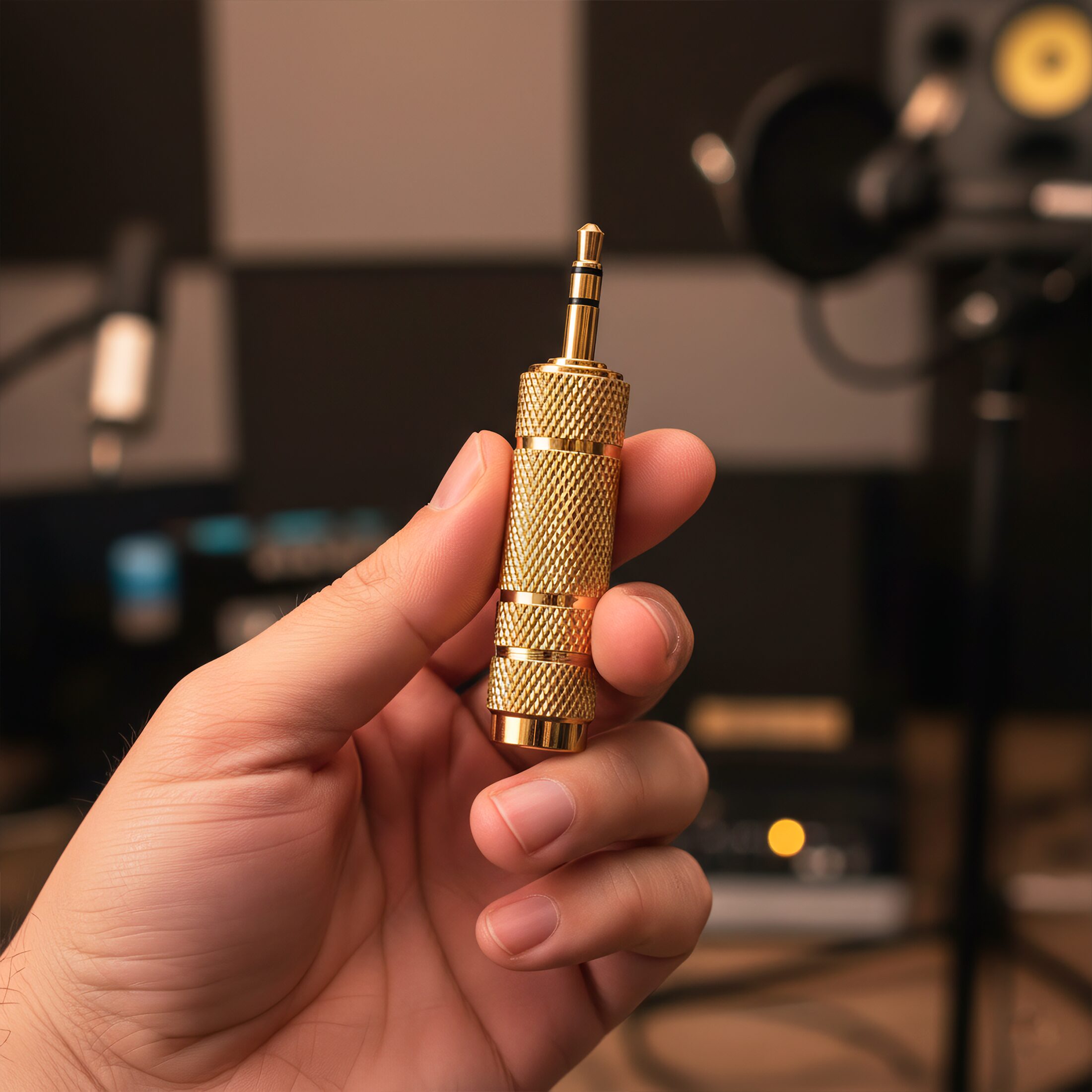 Adaptador estéreo de audio 3.5 mm a 6.5 mm marca genérica, carcasa metálica plateada y conectores chapados en níquel, ideal para conectar auriculares o cables auxiliares a equipos de audio profesionales AA63