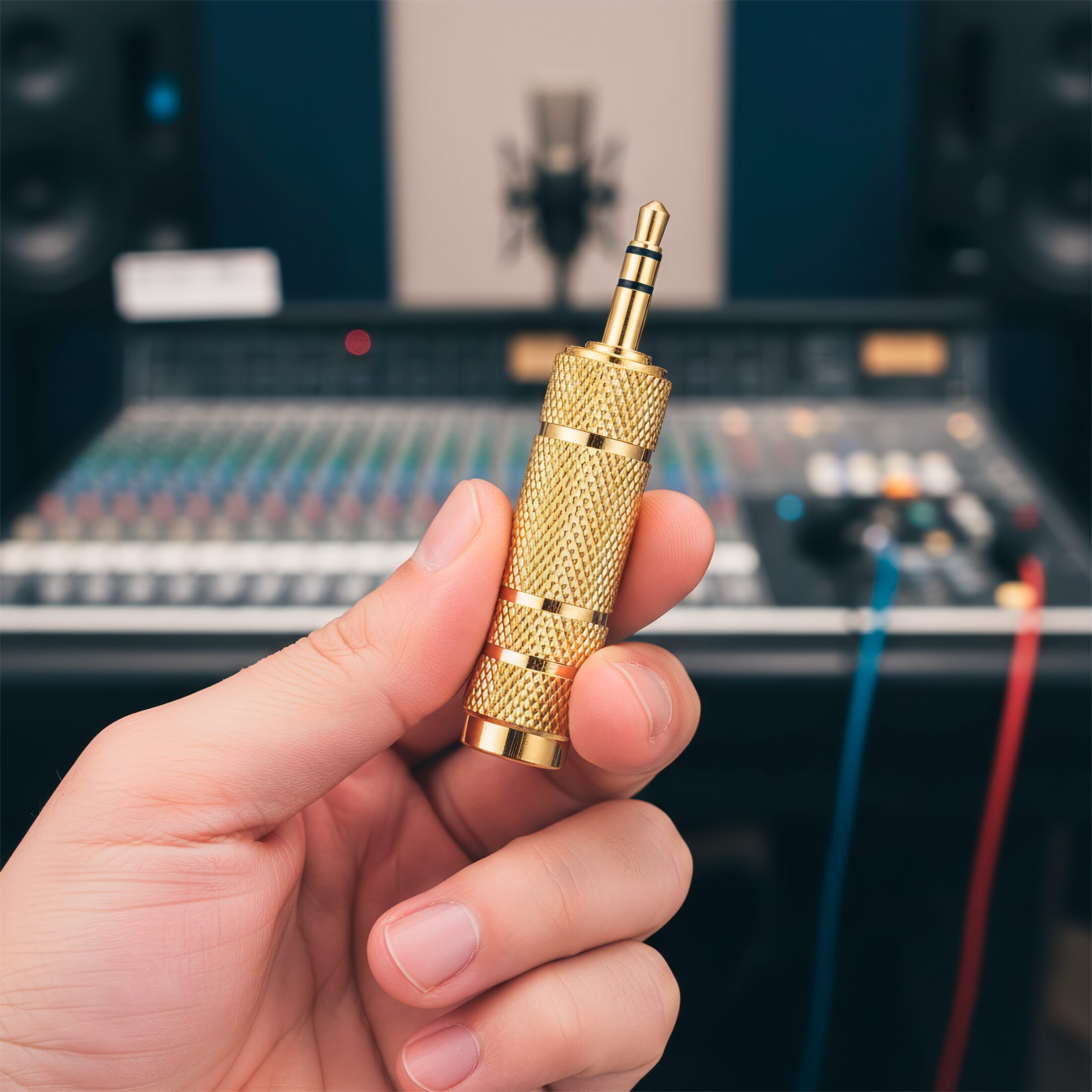 Adaptador estéreo de audio 3.5 mm a 6.5 mm marca genérica, carcasa metálica plateada y conectores chapados en níquel, ideal para conectar auriculares o cables auxiliares a equipos de audio profesionales AA63