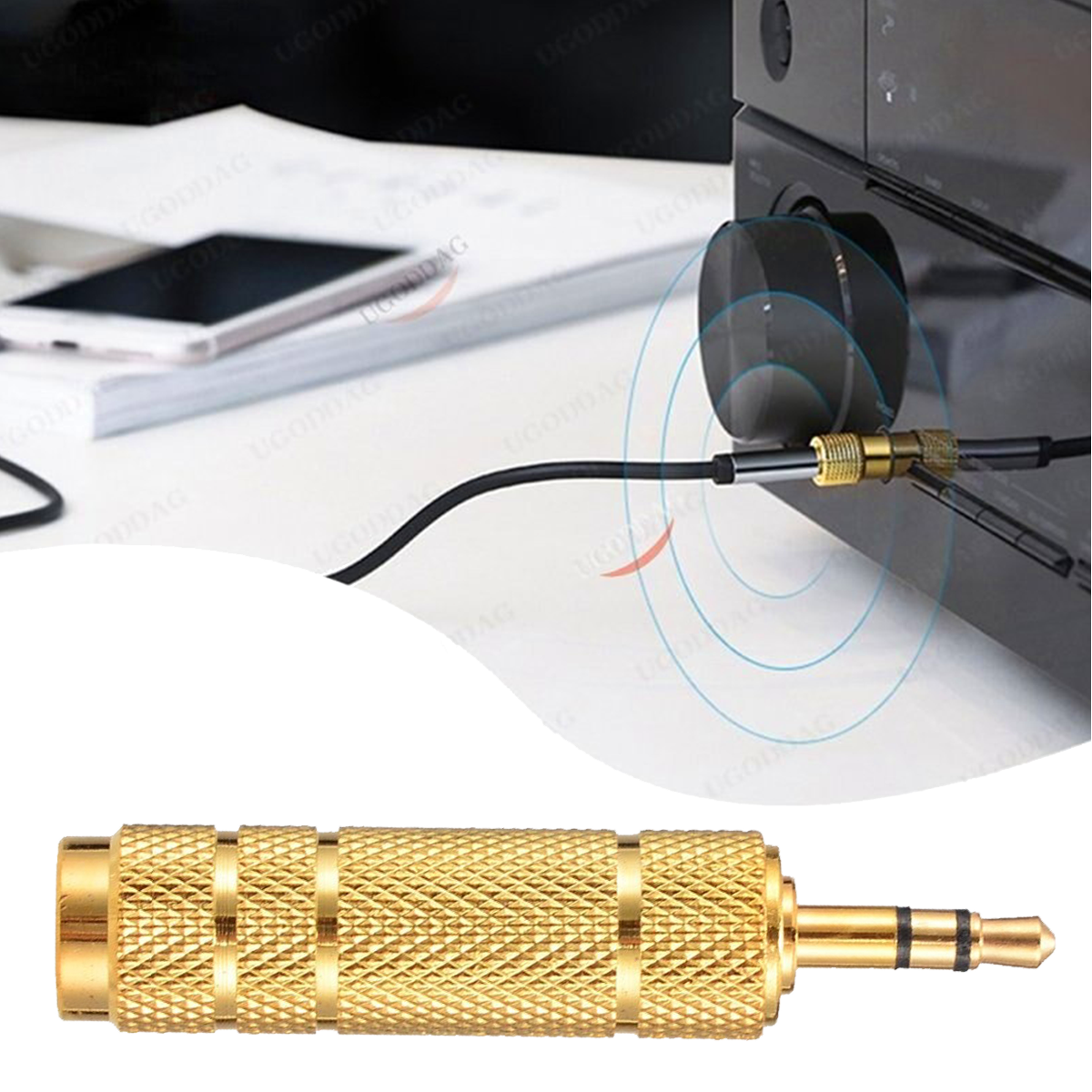 Adaptador estéreo de audio 3.5 mm a 6.5 mm marca genérica, carcasa metálica plateada y conectores chapados en níquel, ideal para conectar auriculares o cables auxiliares a equipos de audio profesionales AA63