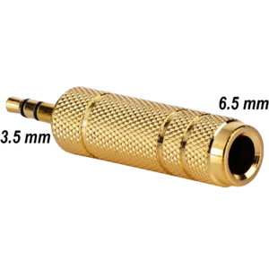 Adaptador estéreo de audio 3.5 mm a 6.5 mm marca genérica, carcasa metálica plateada y conectores chapados en níquel, ideal para conectar auriculares o cables auxiliares a equipos de audio profesionales AA63
