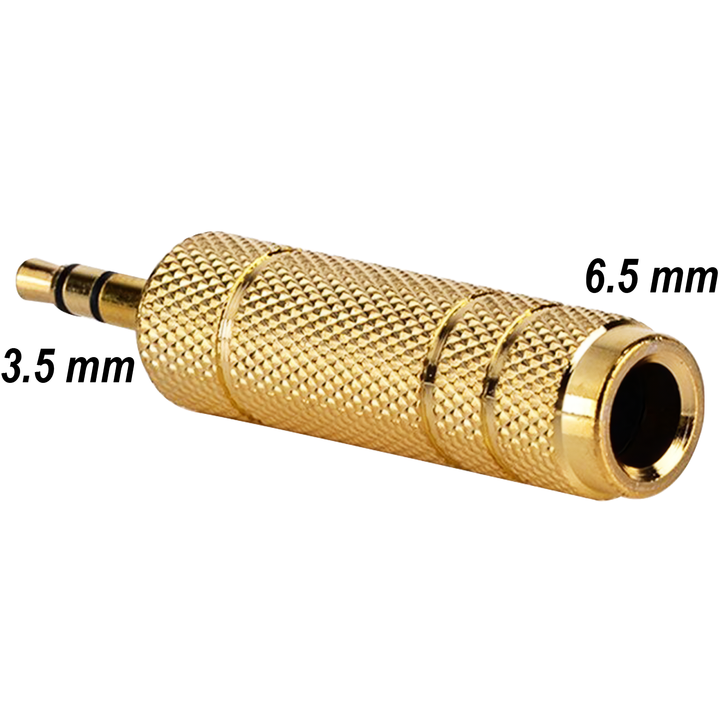 Adaptador estéreo de audio 3.5 mm a 6.5 mm marca genérica, carcasa metálica plateada y conectores chapados en níquel, ideal para conectar auriculares o cables auxiliares a equipos de audio profesionales AA63