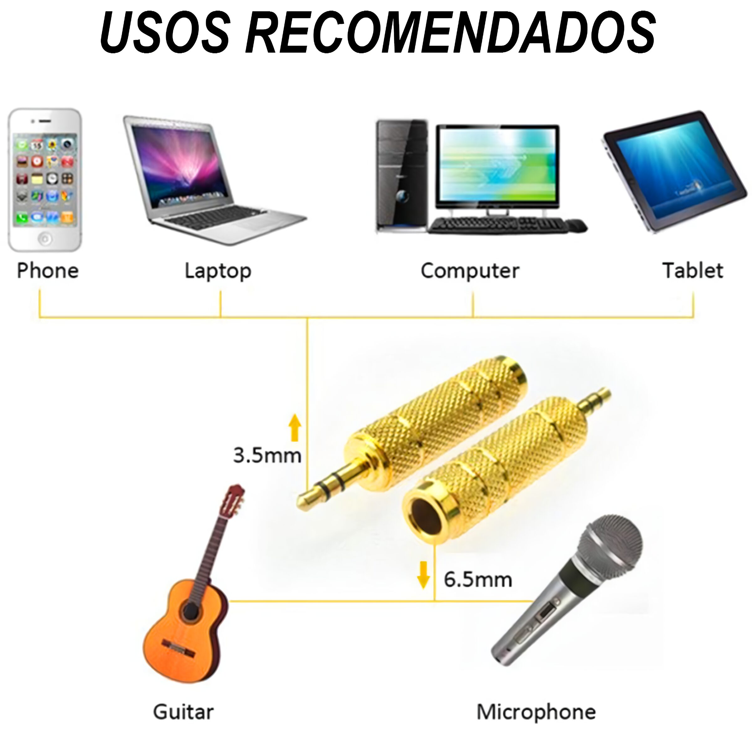 Adaptador estéreo de audio 3.5 mm a 6.5 mm marca genérica, carcasa metálica plateada y conectores chapados en níquel, ideal para conectar auriculares o cables auxiliares a equipos de audio profesionales AA63