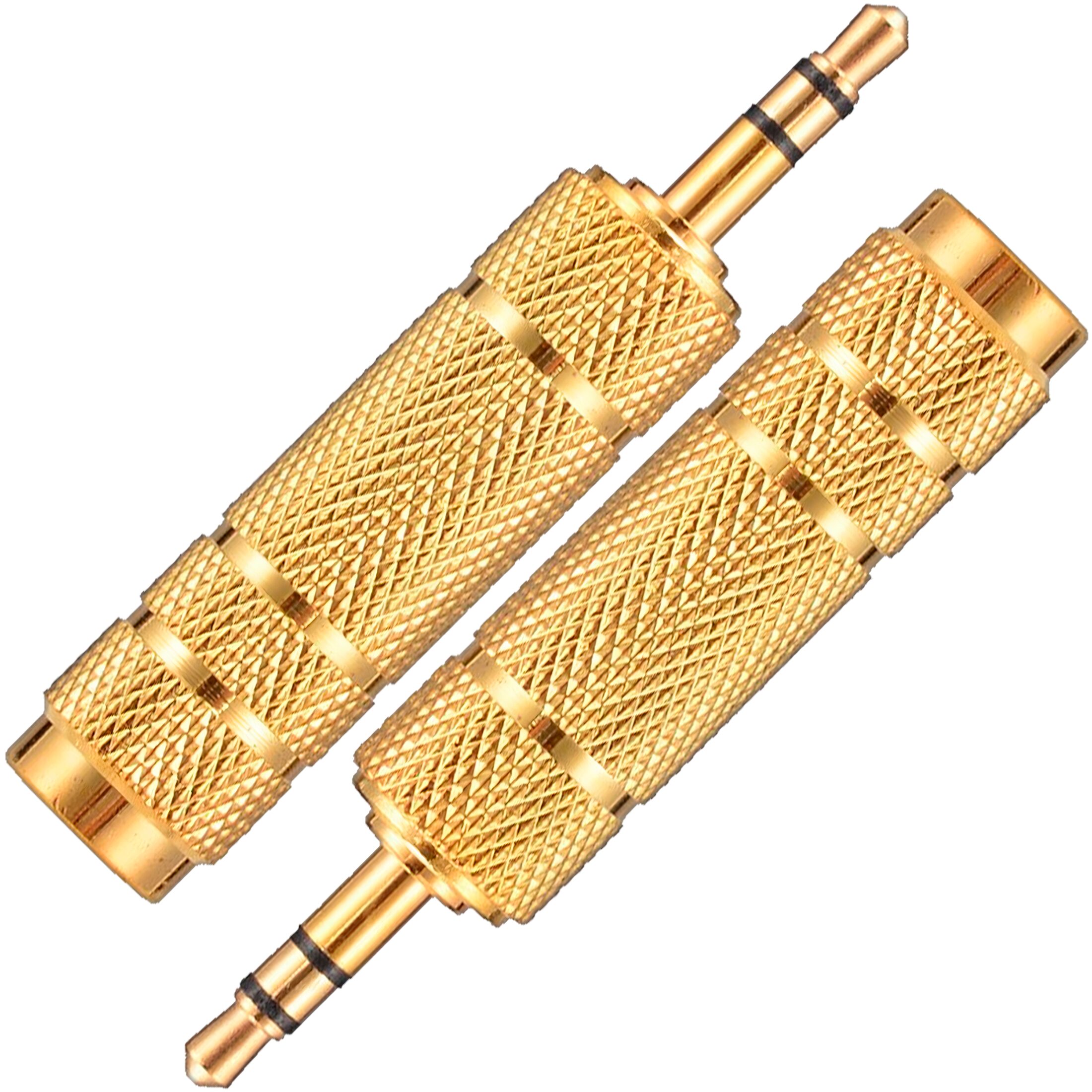 Adaptador estéreo de audio 3.5 mm a 6.5 mm marca genérica, carcasa metálica plateada y conectores chapados en níquel, ideal para conectar auriculares o cables auxiliares a equipos de audio profesionales AA63