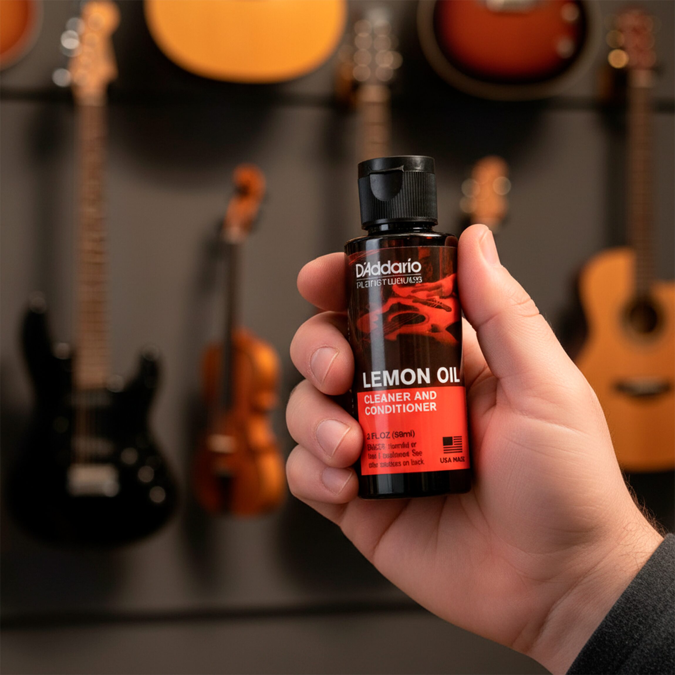 aceite Planet Wave PW‑LMN Daddario en diapasón de guitarra de madera sin terminado, limpiando grasa, restaurando humedad y previniendo grietas.