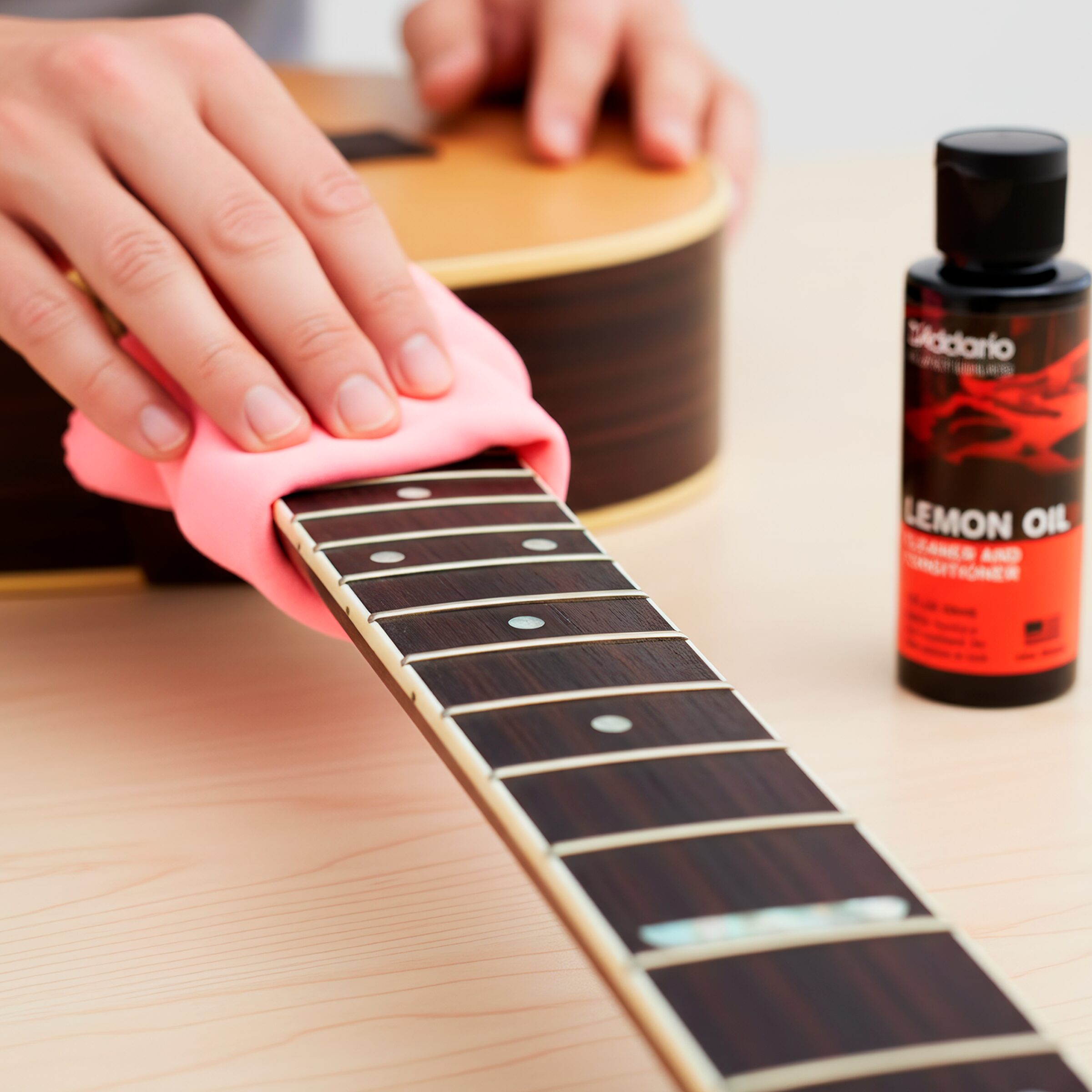 aceite Planet Wave PW‑LMN Daddario en diapasón de guitarra de madera sin terminado, limpiando grasa, restaurando humedad y previniendo grietas.