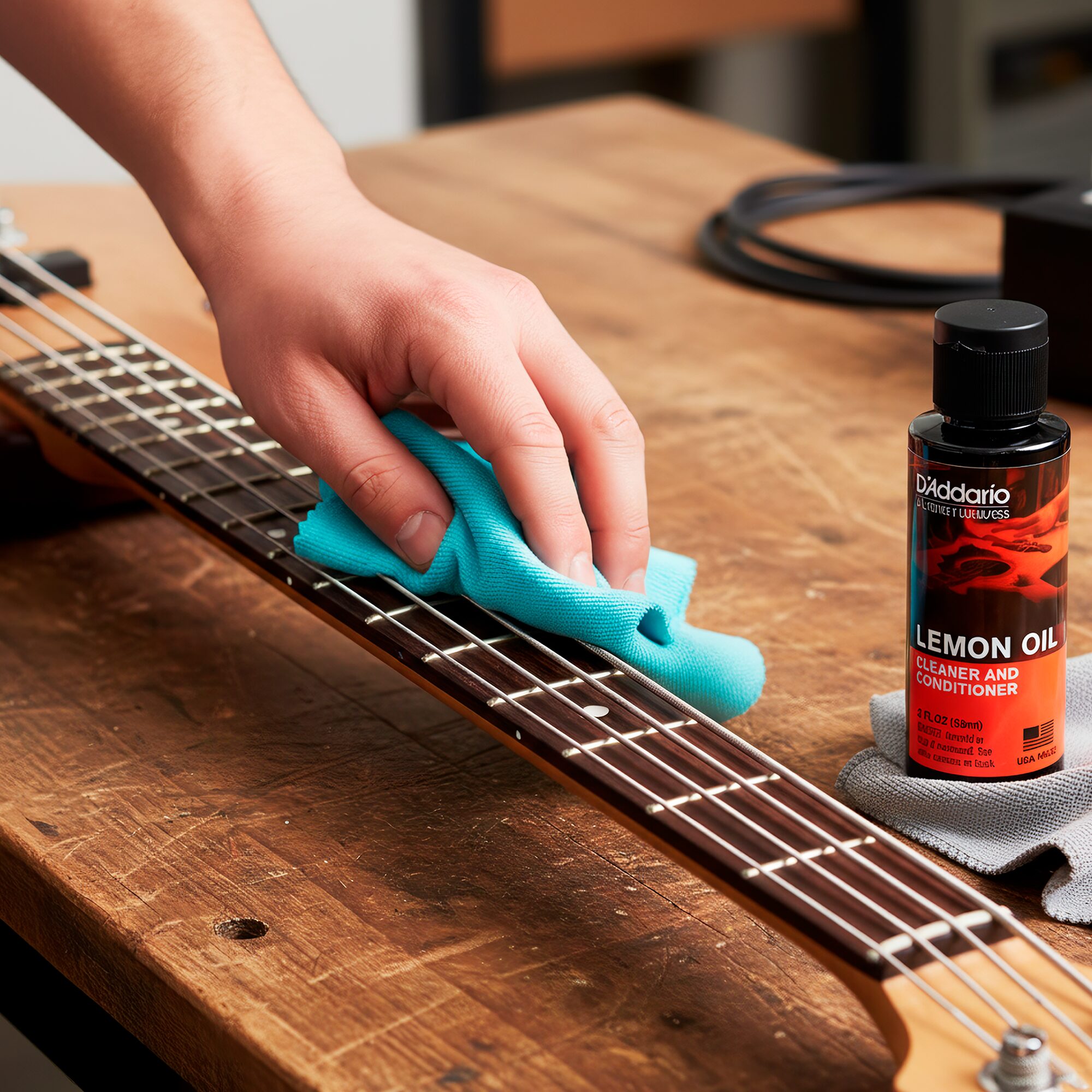 aceite Planet Wave PW‑LMN Daddario en diapasón de guitarra de madera sin terminado, limpiando grasa, restaurando humedad y previniendo grietas.