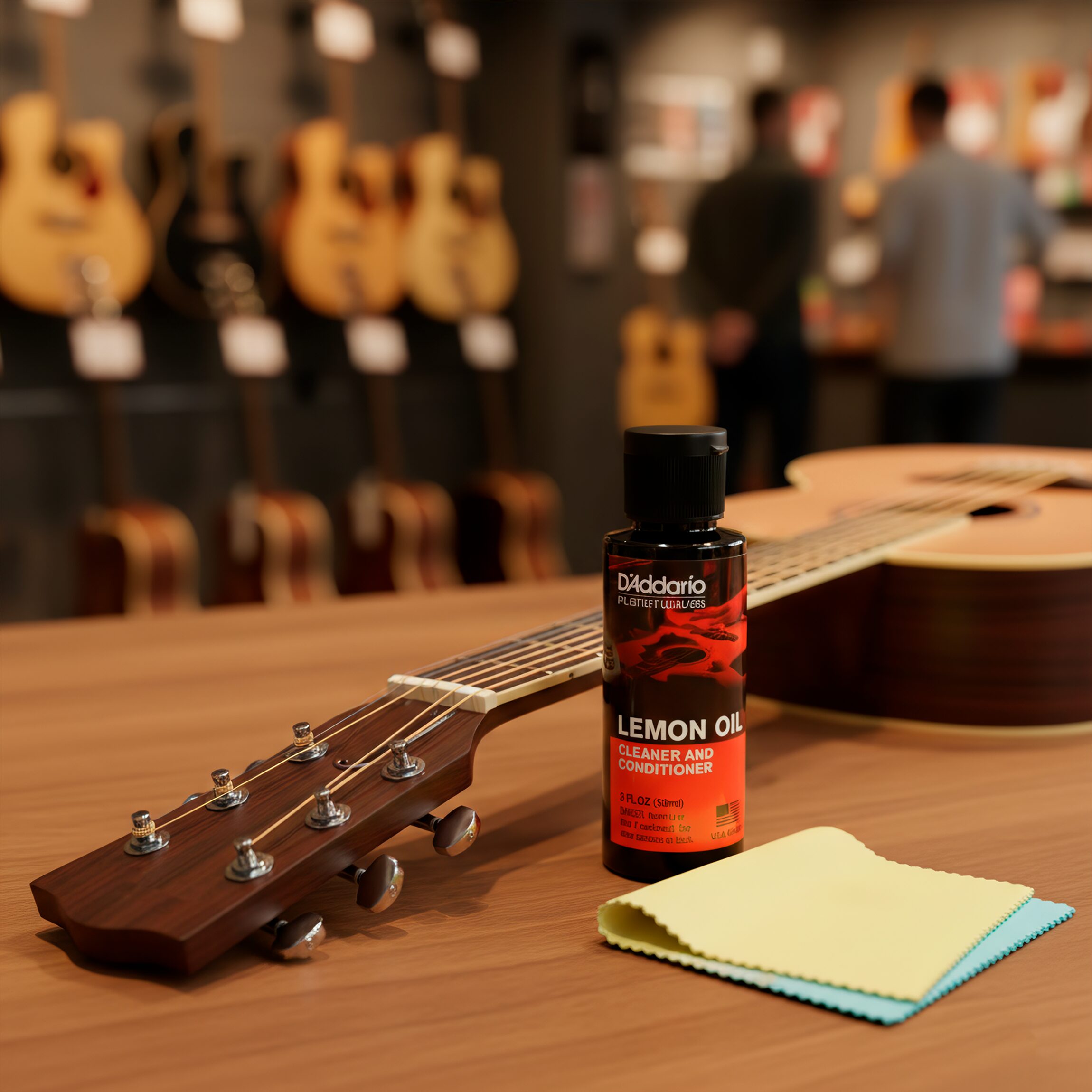 aceite Planet Wave PW‑LMN Daddario en diapasón de guitarra de madera sin terminado, limpiando grasa, restaurando humedad y previniendo grietas.