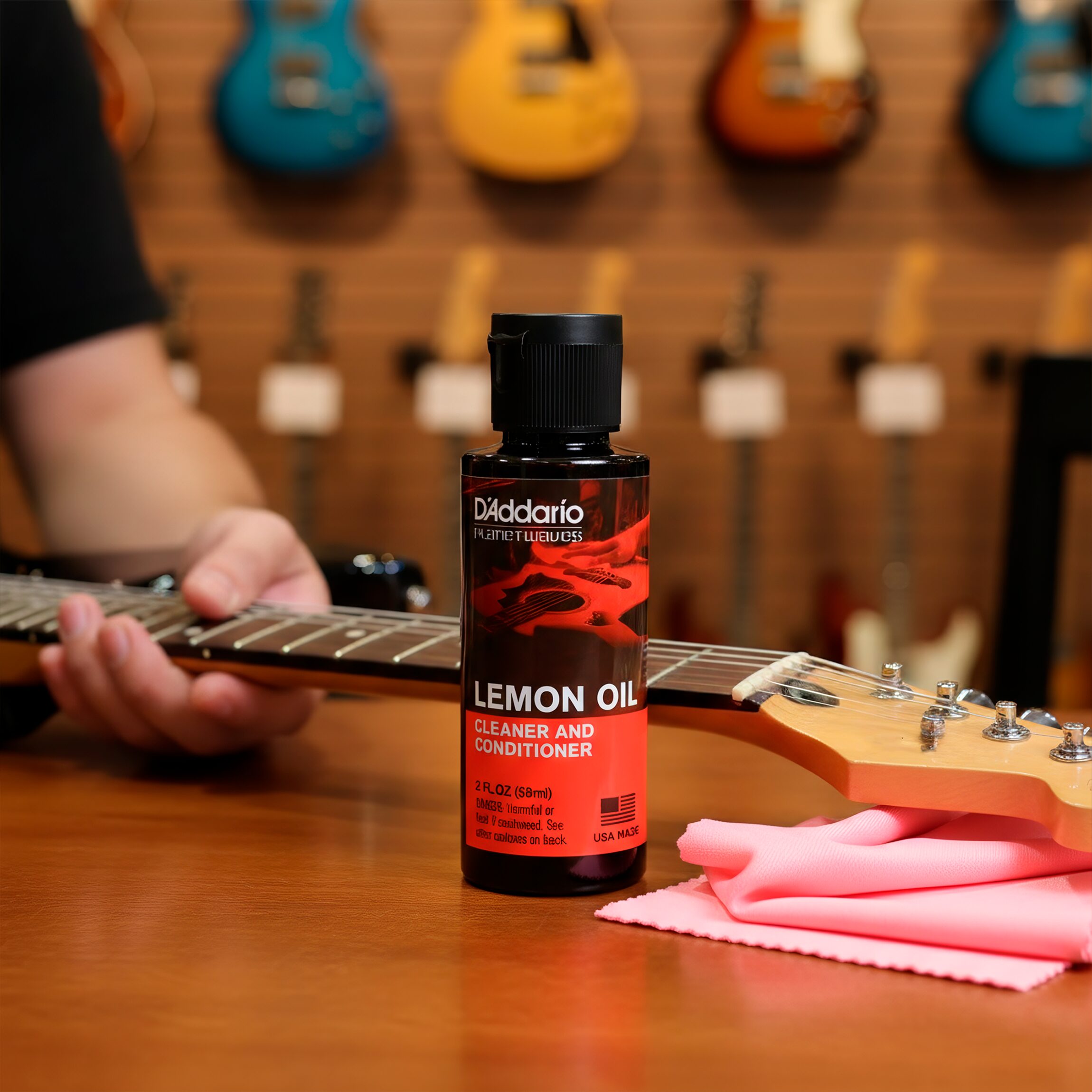 aceite Planet Wave PW‑LMN Daddario en diapasón de guitarra de madera sin terminado, limpiando grasa, restaurando humedad y previniendo grietas.