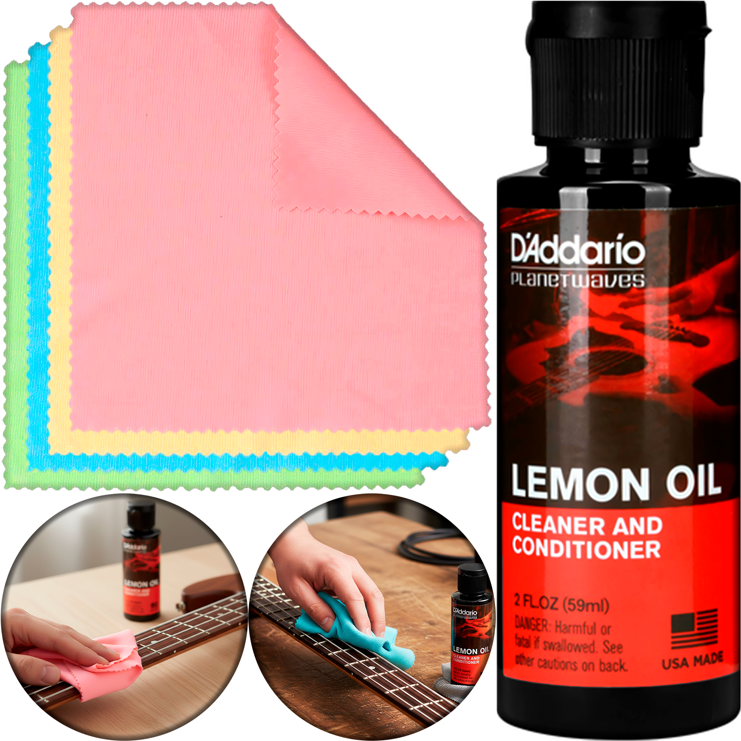 aceite Planet Wave PW‑LMN Daddario en diapasón de guitarra de madera sin terminado, limpiando grasa, restaurando humedad y previniendo grietas.