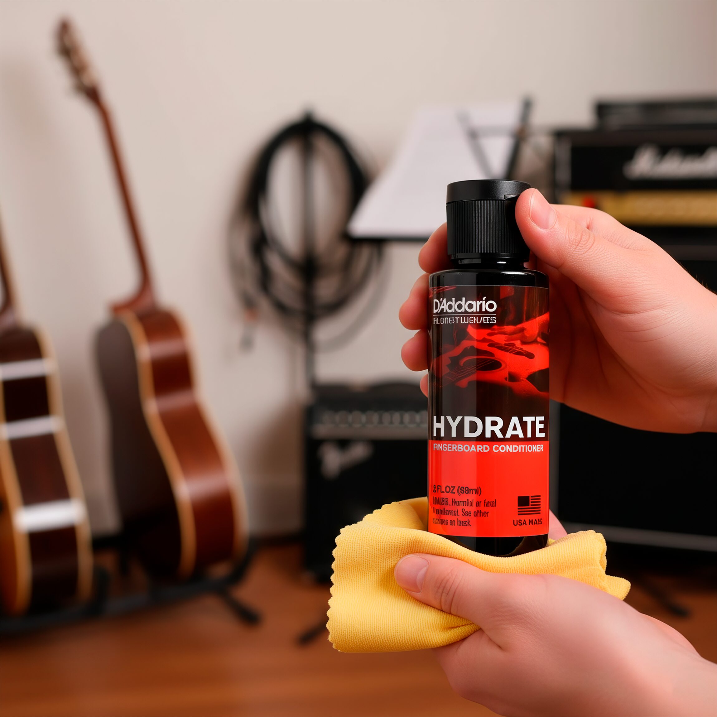 Kit D’Addario PW‑FBC Planets Waves con botella de aceite limpiador de 60 ml y paño de microfibra, fórmula sin acumulación para limpiar y acondicionar diapasones de madera oscura.