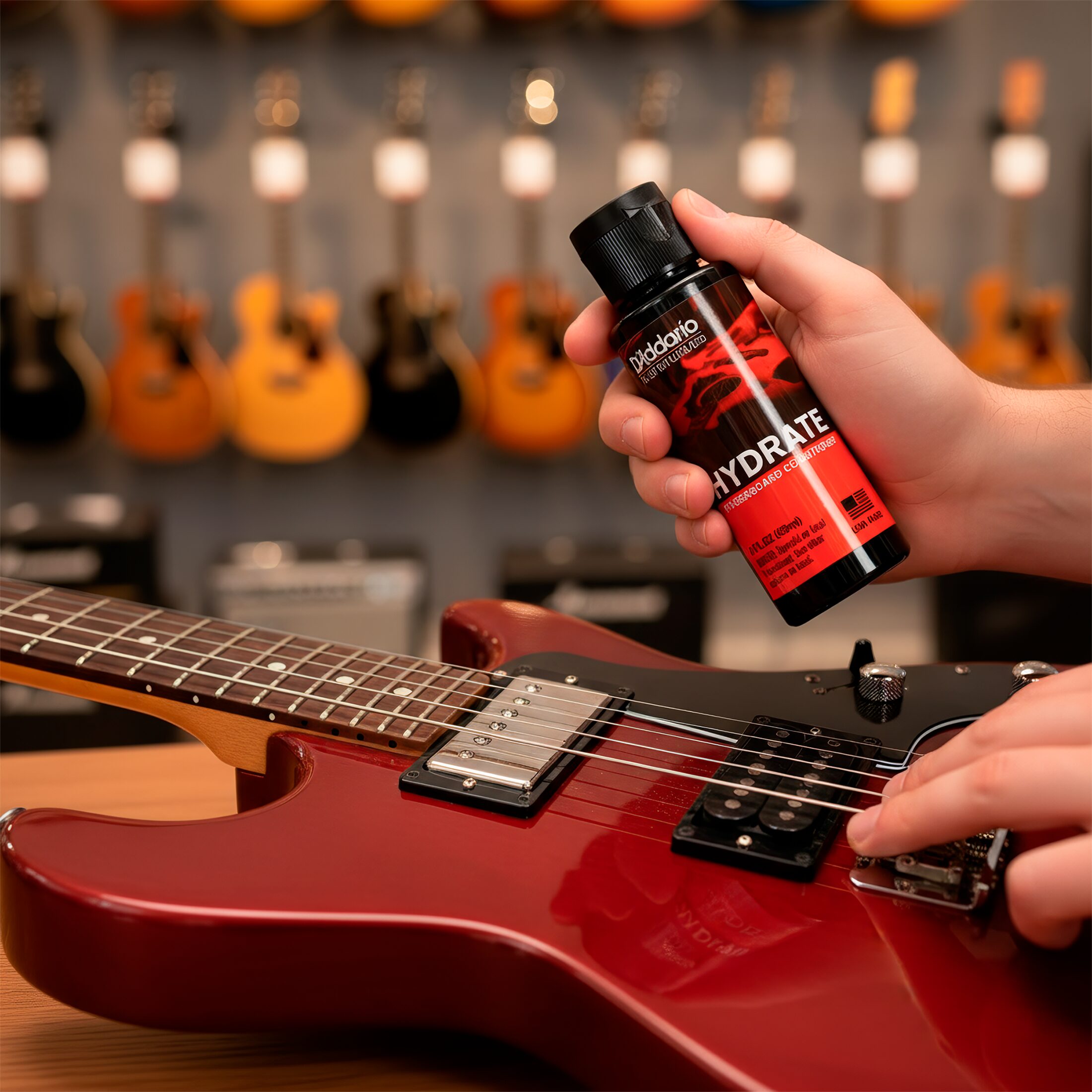 Kit D’Addario PW‑FBC Planets Waves con botella de aceite limpiador de 60 ml y paño de microfibra, fórmula sin acumulación para limpiar y acondicionar diapasones de madera oscura.