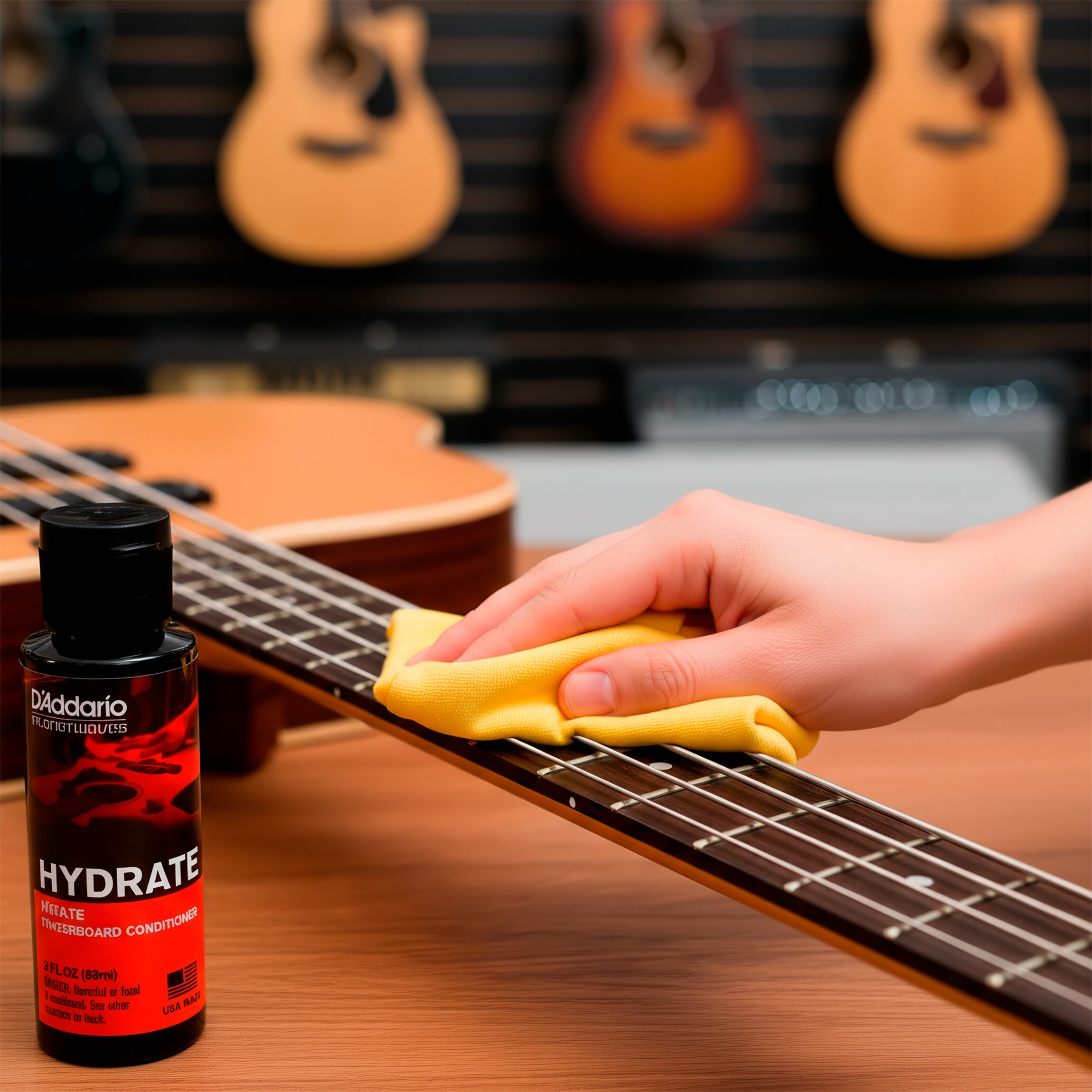 Kit D’Addario PW‑FBC Planets Waves con botella de aceite limpiador de 60 ml y paño de microfibra, fórmula sin acumulación para limpiar y acondicionar diapasones de madera oscura.