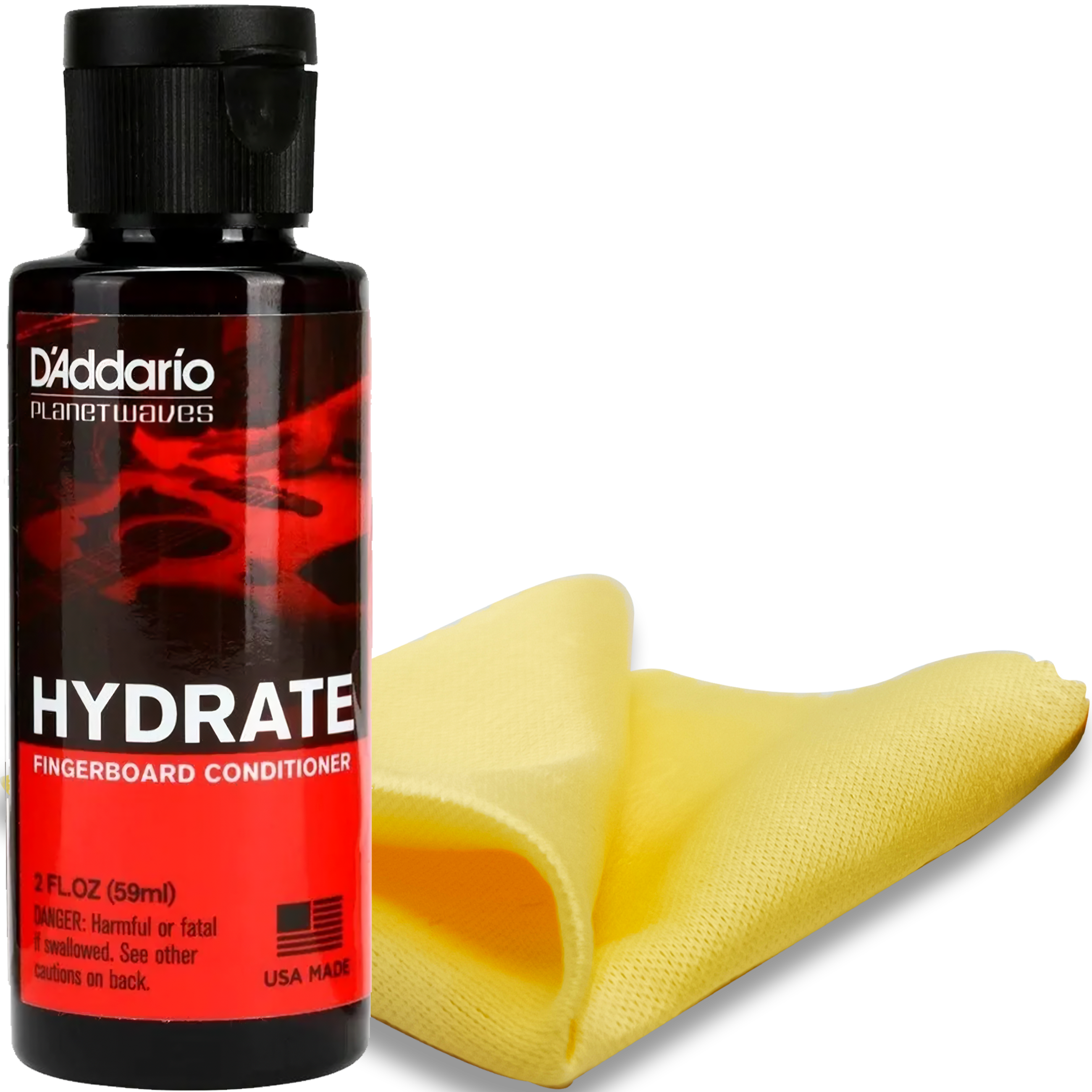 Kit D’Addario PW‑FBC Planets Waves con botella de aceite limpiador de 60 ml y paño de microfibra, fórmula sin acumulación para limpiar y acondicionar diapasones de madera oscura.