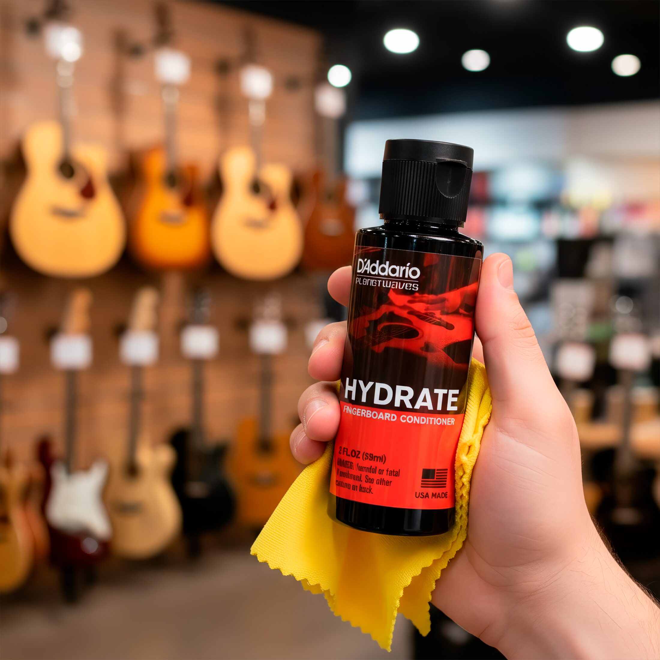 Kit D’Addario PW‑FBC Planets Waves con botella de aceite limpiador de 60 ml y paño de microfibra, fórmula sin acumulación para limpiar y acondicionar diapasones de madera oscura.