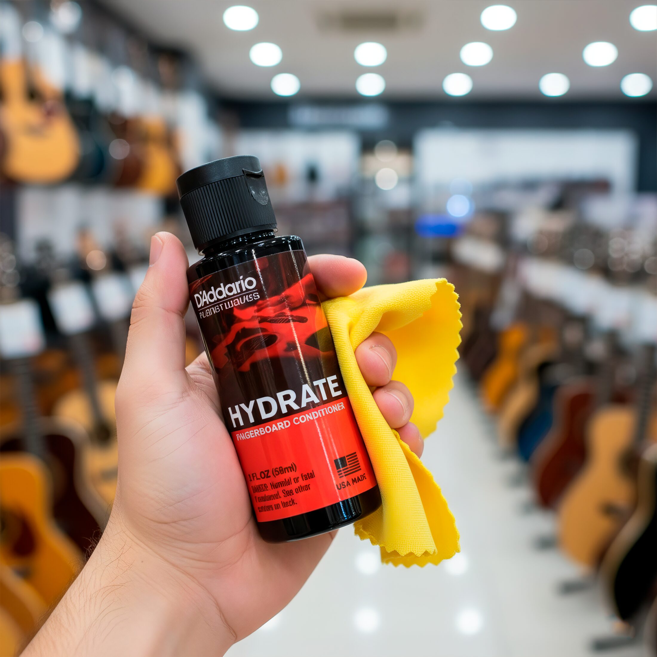Kit D’Addario PW‑FBC Planets Waves con botella de aceite limpiador de 60 ml y paño de microfibra, fórmula sin acumulación para limpiar y acondicionar diapasones de madera oscura.