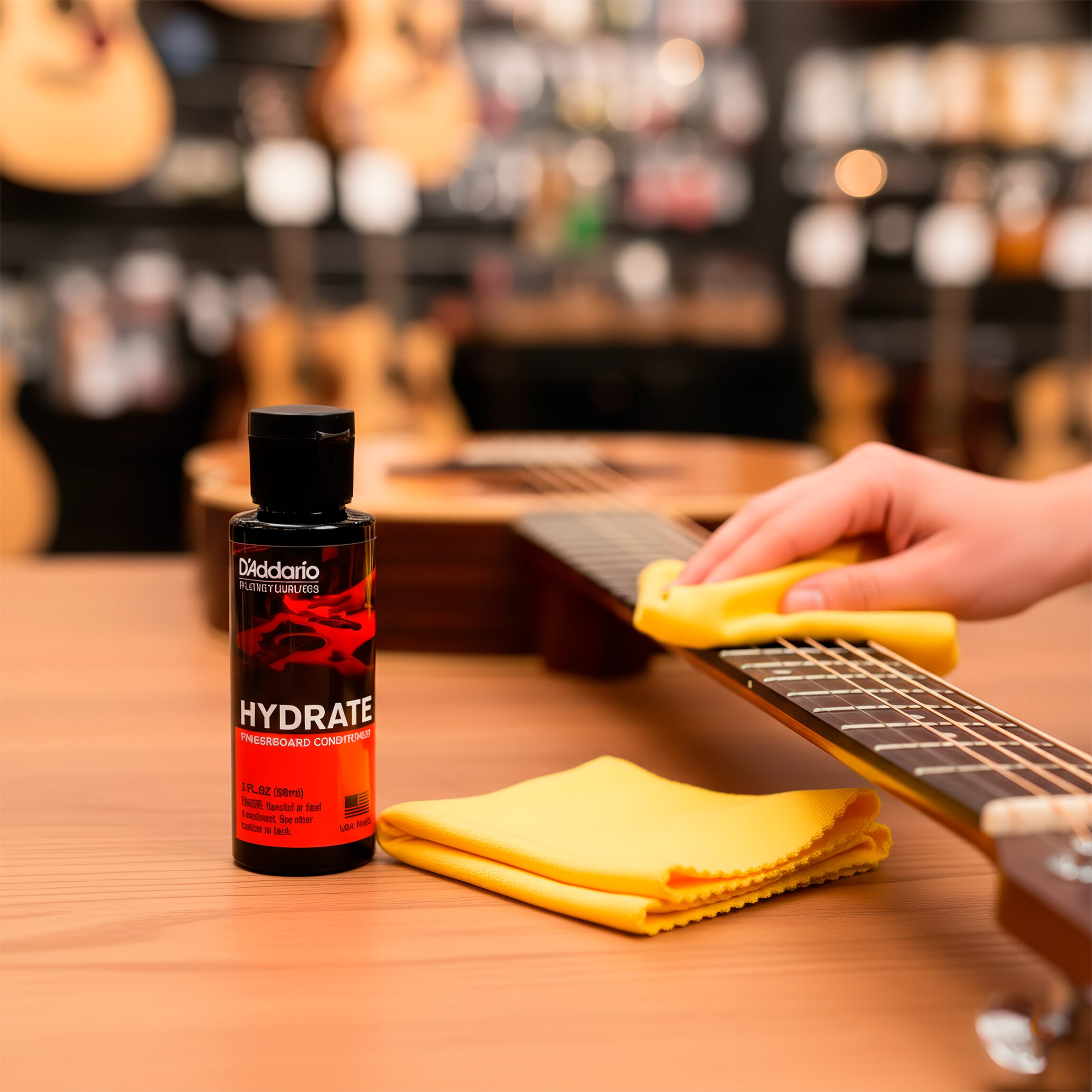 Kit D’Addario PW‑FBC Planets Waves con botella de aceite limpiador de 60 ml y paño de microfibra, fórmula sin acumulación para limpiar y acondicionar diapasones de madera oscura.