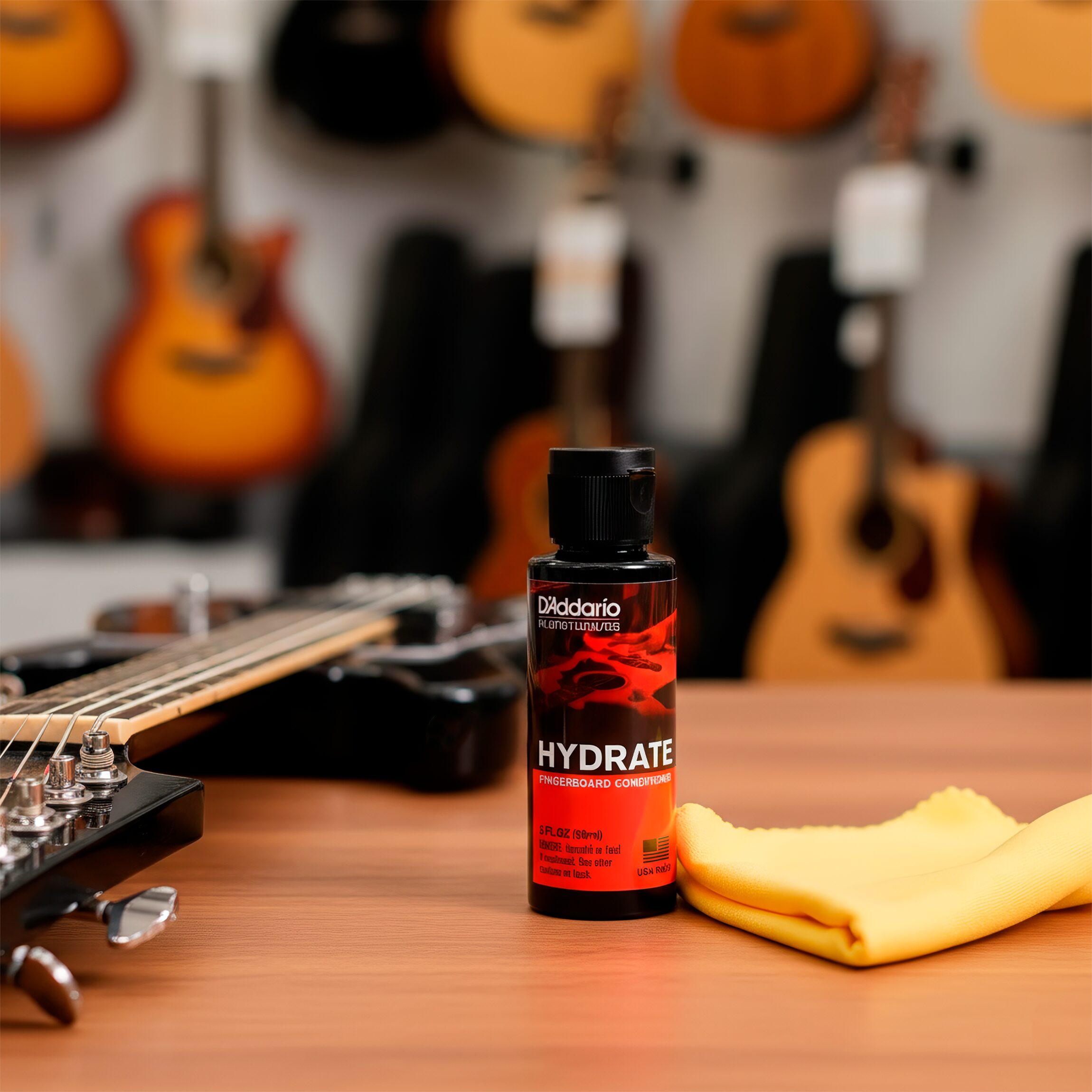 Kit D’Addario PW‑FBC Planets Waves con botella de aceite limpiador de 60 ml y paño de microfibra, fórmula sin acumulación para limpiar y acondicionar diapasones de madera oscura.