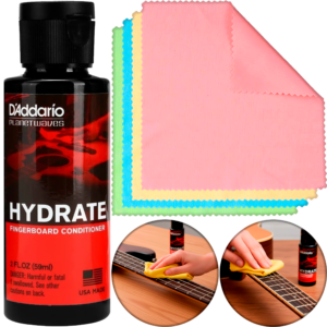 Kit D’Addario PW‑FBC Planets Waves con botella de aceite limpiador de 60 ml y paño de microfibra, fórmula sin acumulación para limpiar y acondicionar diapasones de madera oscura.