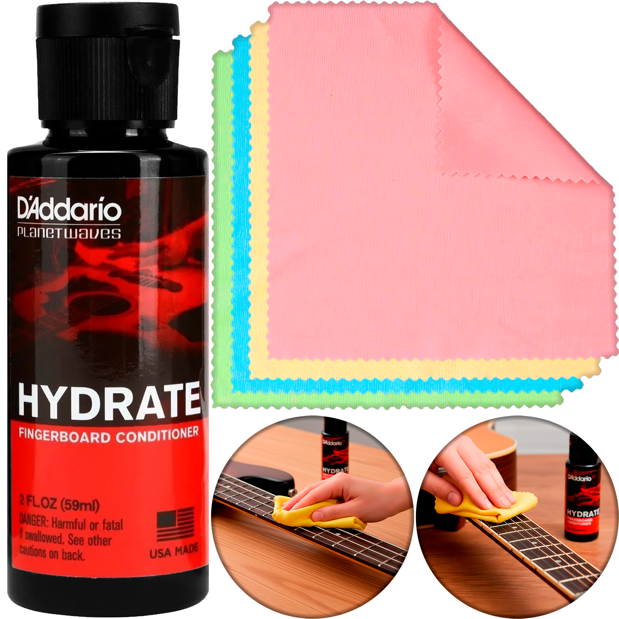 Kit D’Addario PW‑FBC Planets Waves con botella de aceite limpiador de 60 ml y paño de microfibra, fórmula sin acumulación para limpiar y acondicionar diapasones de madera oscura.