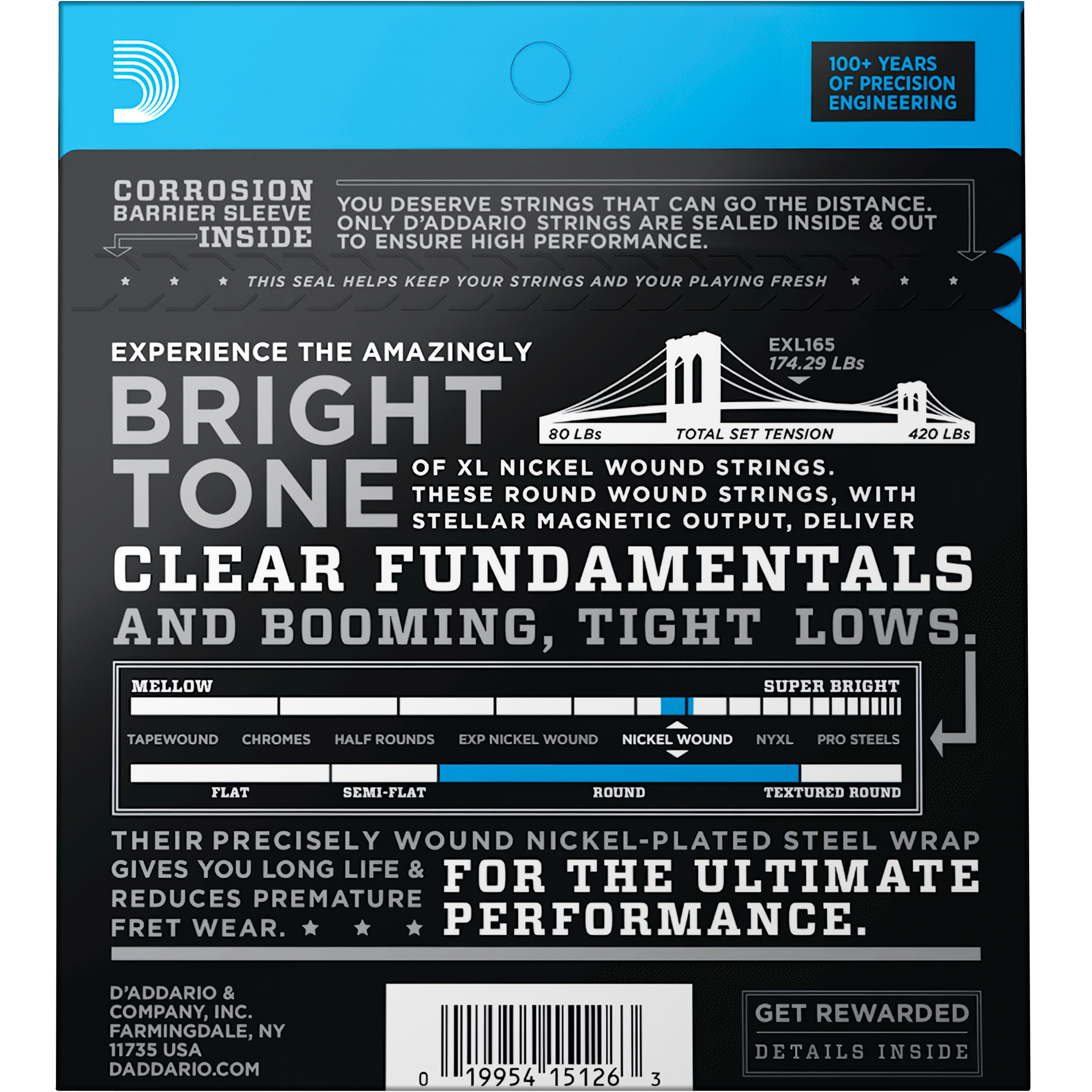 Cuerdas Bajo Electrico Daddario Exl165 45-105 de 4 cuerdas con entorchado de acero niquelado, modelo EXL165.