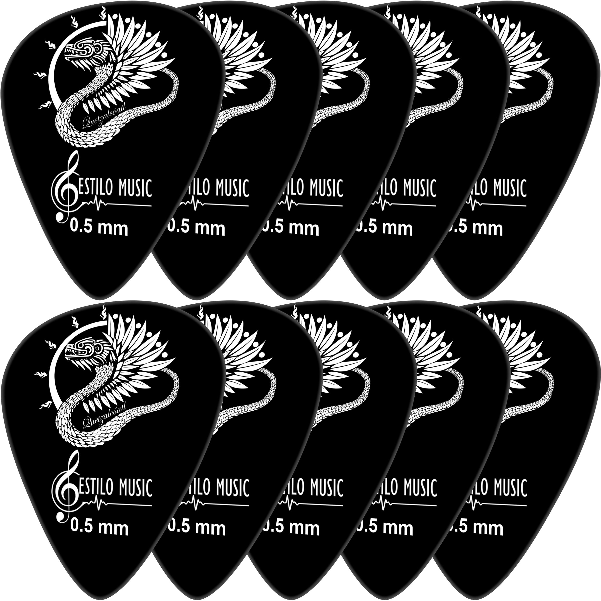 10 Puas Plumillas Guitarra Dioses Quetzalcoatl marca Estilo Music pack premium de plumillas de derlin con diferentes grosores diseño artístico 10 Puas Plumillas Guitarra Dioses Quetzalcoatl colección dioses con diseño Quetzalcoatl material derlin resistente marca Estilo Music