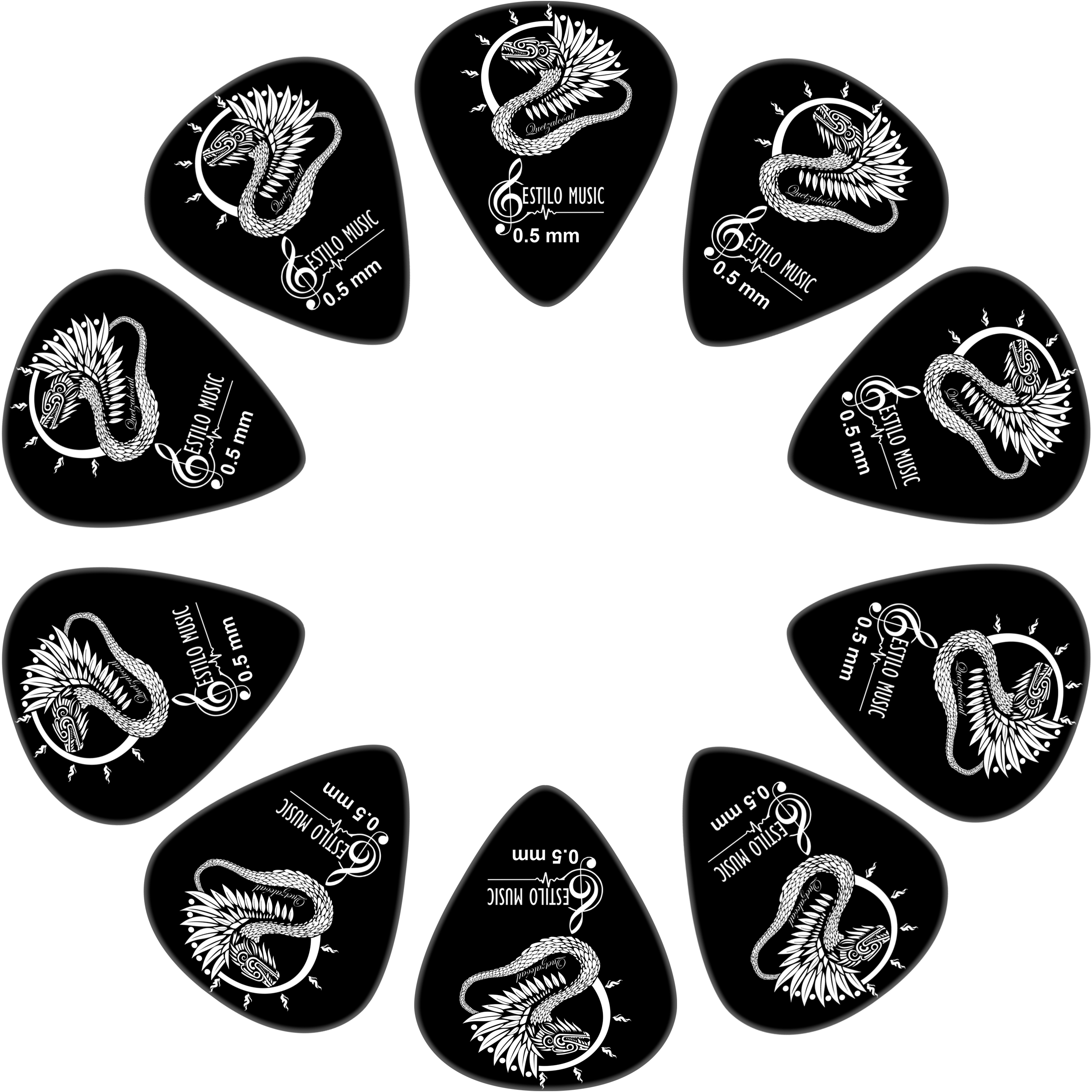 10 Puas Plumillas Guitarra Dioses Quetzalcoatl marca Estilo Music pack premium de plumillas de derlin con diferentes grosores diseño artístico 10 Puas Plumillas Guitarra Dioses Quetzalcoatl colección dioses con diseño Quetzalcoatl material derlin resistente marca Estilo Music