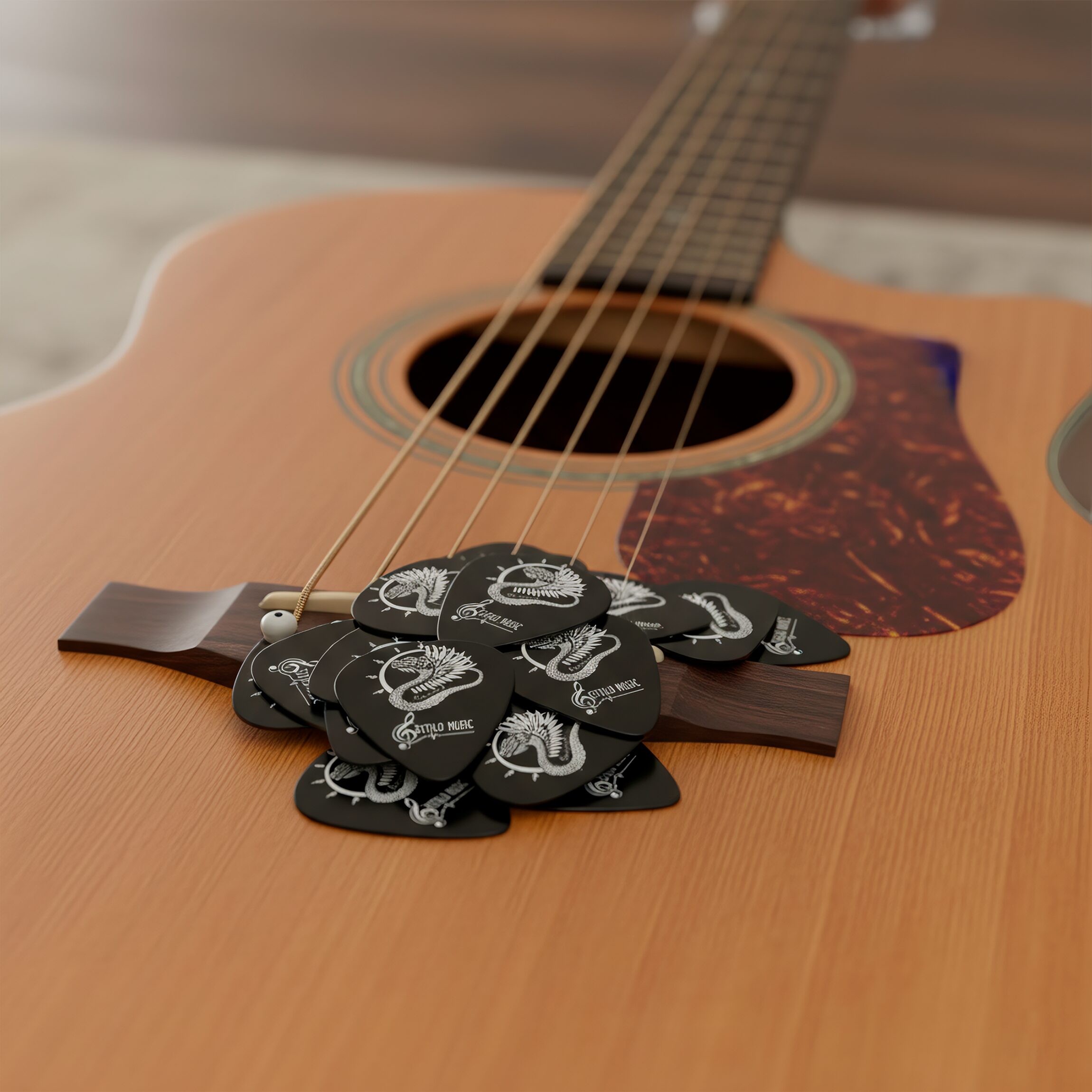 10 Puas Plumillas Guitarra Dioses Quetzalcoatl marca Estilo Music pack premium de plumillas de derlin con diferentes grosores diseño artístico 10 Puas Plumillas Guitarra Dioses Quetzalcoatl colección dioses con diseño Quetzalcoatl material derlin resistente marca Estilo Music