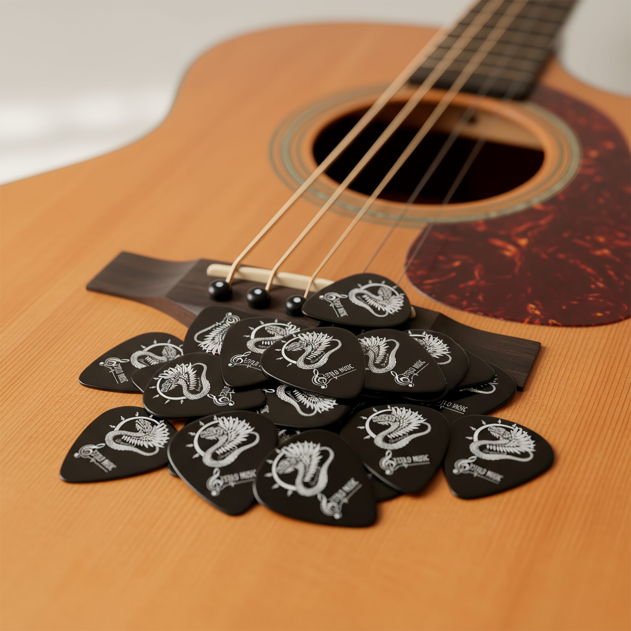 10 Puas Plumillas Guitarra Dioses Quetzalcoatl marca Estilo Music pack premium de plumillas de derlin con diferentes grosores diseño artístico 10 Puas Plumillas Guitarra Dioses Quetzalcoatl colección dioses con diseño Quetzalcoatl material derlin resistente marca Estilo Music