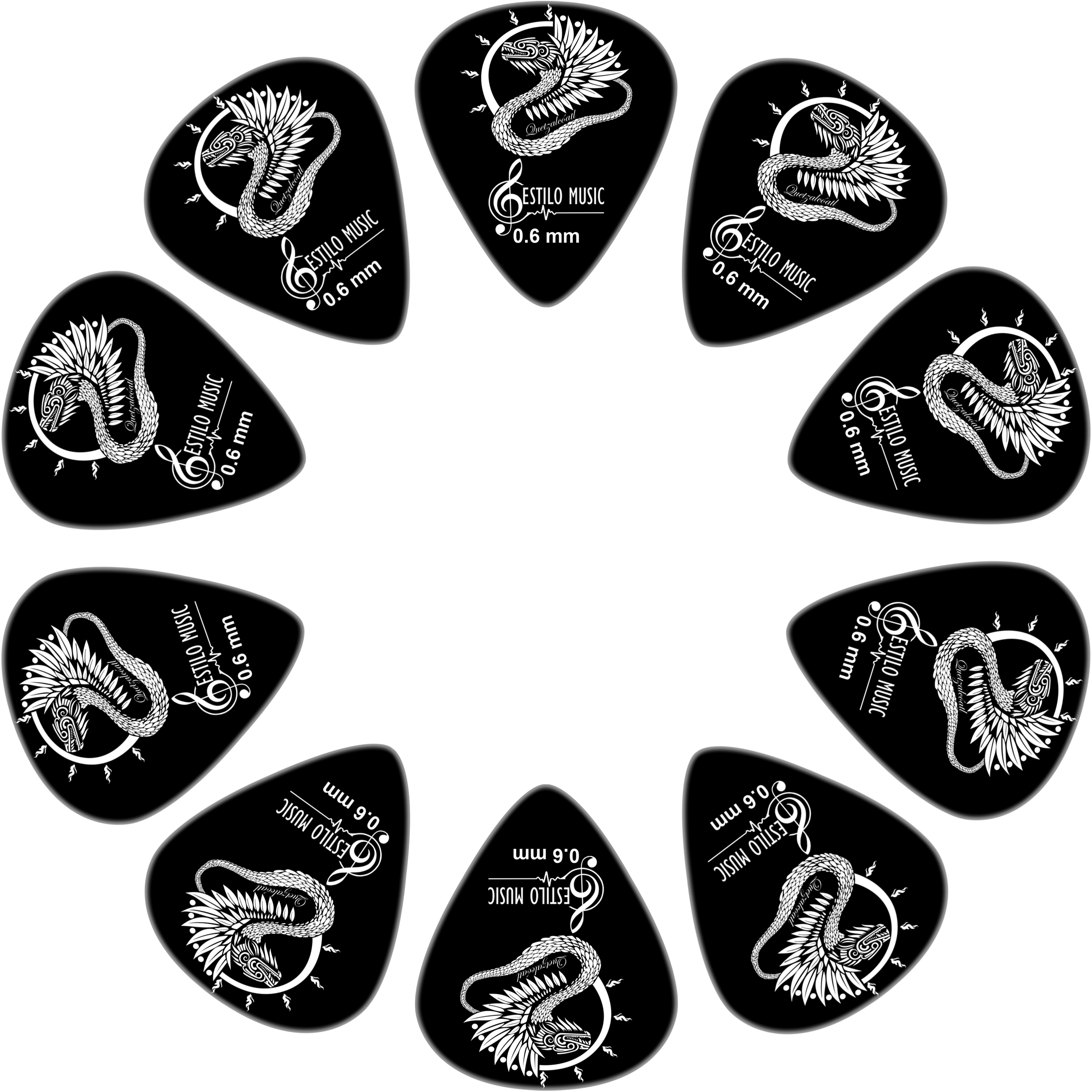 10 Puas Plumillas Guitarra Dioses Quetzalcoatl marca Estilo Music pack premium de plumillas de derlin con diferentes grosores diseño artístico 10 Puas Plumillas Guitarra Dioses Quetzalcoatl colección dioses con diseño Quetzalcoatl material derlin resistente marca Estilo Music