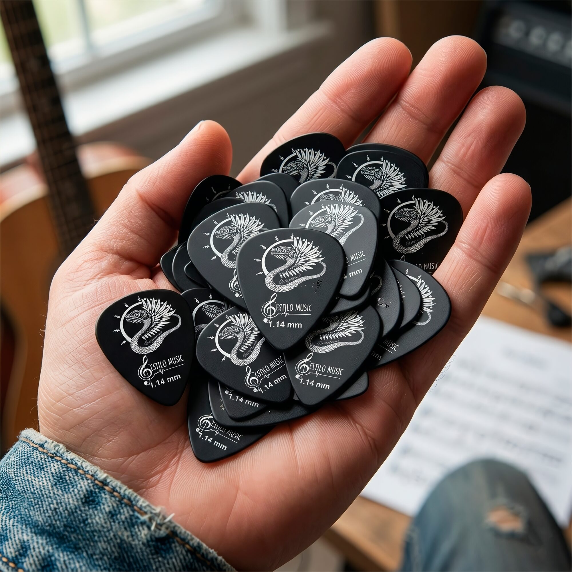 10 Puas Plumillas Guitarra Dioses Quetzalcoatl marca Estilo Music pack premium de plumillas de derlin con diferentes grosores diseño artístico 10 Puas Plumillas Guitarra Dioses Quetzalcoatl colección dioses con diseño Quetzalcoatl material derlin resistente marca Estilo Music