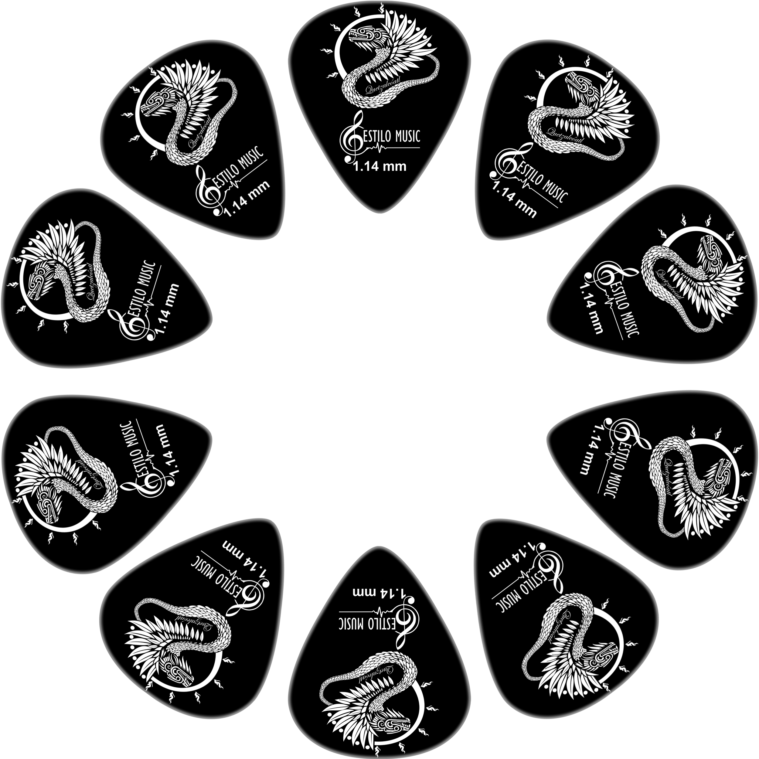 10 Puas Plumillas Guitarra Dioses Quetzalcoatl marca Estilo Music pack premium de plumillas de derlin con diferentes grosores diseño artístico 10 Puas Plumillas Guitarra Dioses Quetzalcoatl colección dioses con diseño Quetzalcoatl material derlin resistente marca Estilo Music
