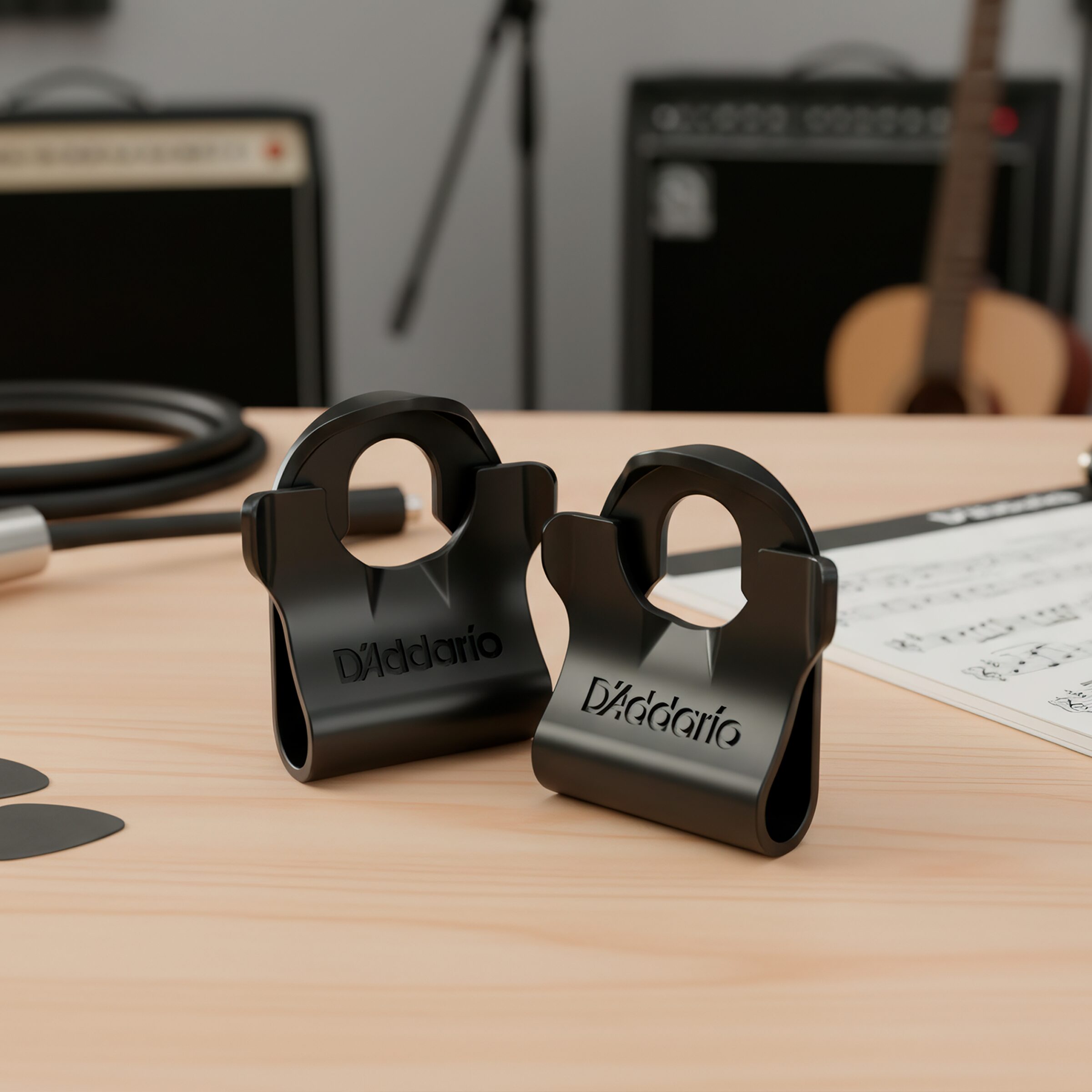 Seguros P Tahali Strap Lock Daddario Planet Waves PW-DLC-01 para guitarra EXHIBIDOS EN UNA MESA