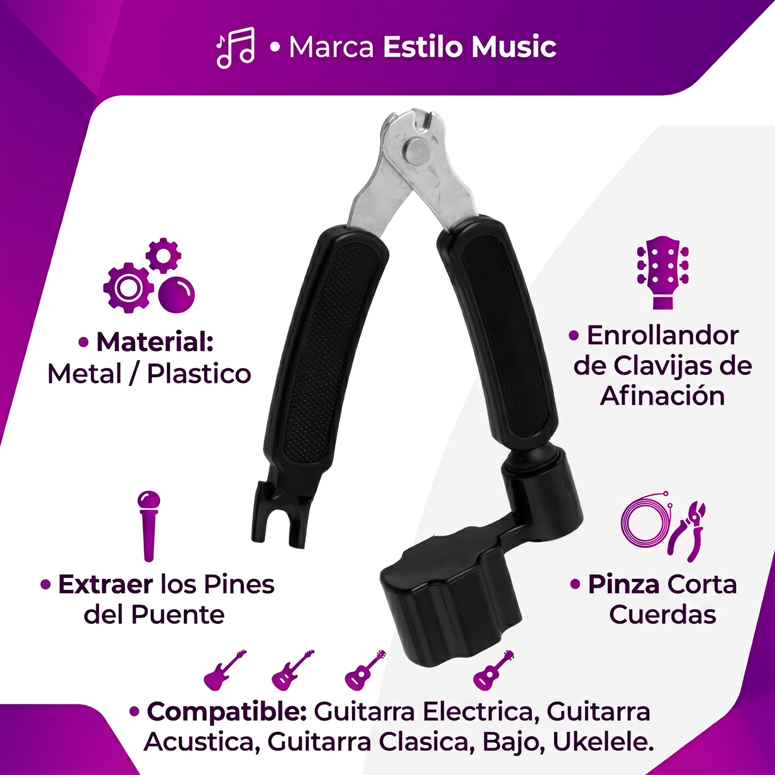Bobinadora de Cuerdas Estilo Music modelo multifuncional 3 en 1: enrollador de cuerdas, cortador y quita-pines para guitarra BG3